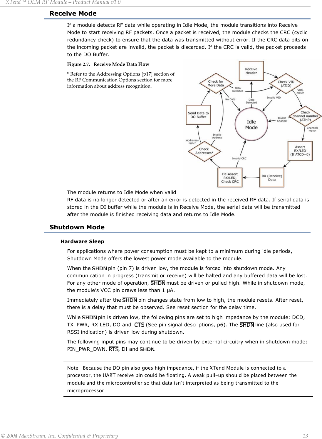 XTend™ OEM RF Module – Product Manual v1.0 Receive Mode If a module detects RF data while operating in Idle Mode, the module transitions into Receive Mode to start receiving RF packets. Once a packet is received, the module checks the CRC (cyclic redundancy check) to ensure that the data was transmitted without error. If the CRC data bits on the incoming packet are invalid, the packet is discarded. If the CRC is valid, the packet proceeds to the DO Buffer. Figure 2.7. Receive Mode Data Flow  * Refer to the Addressing Options [p17] section of the RF Communication Options section for more information about address recognition.              The module returns to Idle Mode when valid RF data is no longer detected or after an error is detected in the received RF data. If serial data is stored in the DI buffer while the module is in Receive Mode, the serial data will be transmitted after the module is finished receiving data and returns to Idle Mode. Shutdown Mode Hardware Sleep For applications where power consumption must be kept to a minimum during idle periods, Shutdown Mode offers the lowest power mode available to the module.  When the   pin (pin 7) is driven low, the module is forced into shutdown mode. Any communication in progress (transmit or receive) will be halted and any buffered data will be lost. For any other mode of operation,   must be driven or pulled high. While in shutdown mode, the module’s VCC pin draws less than 1 µA. Immediately after the   pin changes state from low to high, the module resets. After reset, there is a delay that must be observed. See reset section for the delay time.  While   pin is driven low, the following pins are set to high impedance by the module: DCD, TX_PWR, RX LED, DO and    (See pin signal descriptions, p6). The   line (also used for RSSI indication) is driven low during shutdown. The following input pins may continue to be driven by external circuitry when in shutdown mode: PIN_PWR_DWN,  , DI and  .  Note:  Because the DO pin also goes high impedance, if the XTend Module is connected to a processor, the UART receive pin could be floating. A weak pull-up should be placed between the module and the microcontroller so that data isn’t interpreted as being transmitted to the microprocessor. © 2004 MaxStream, Inc. Confidential &amp; Proprietary                 13 