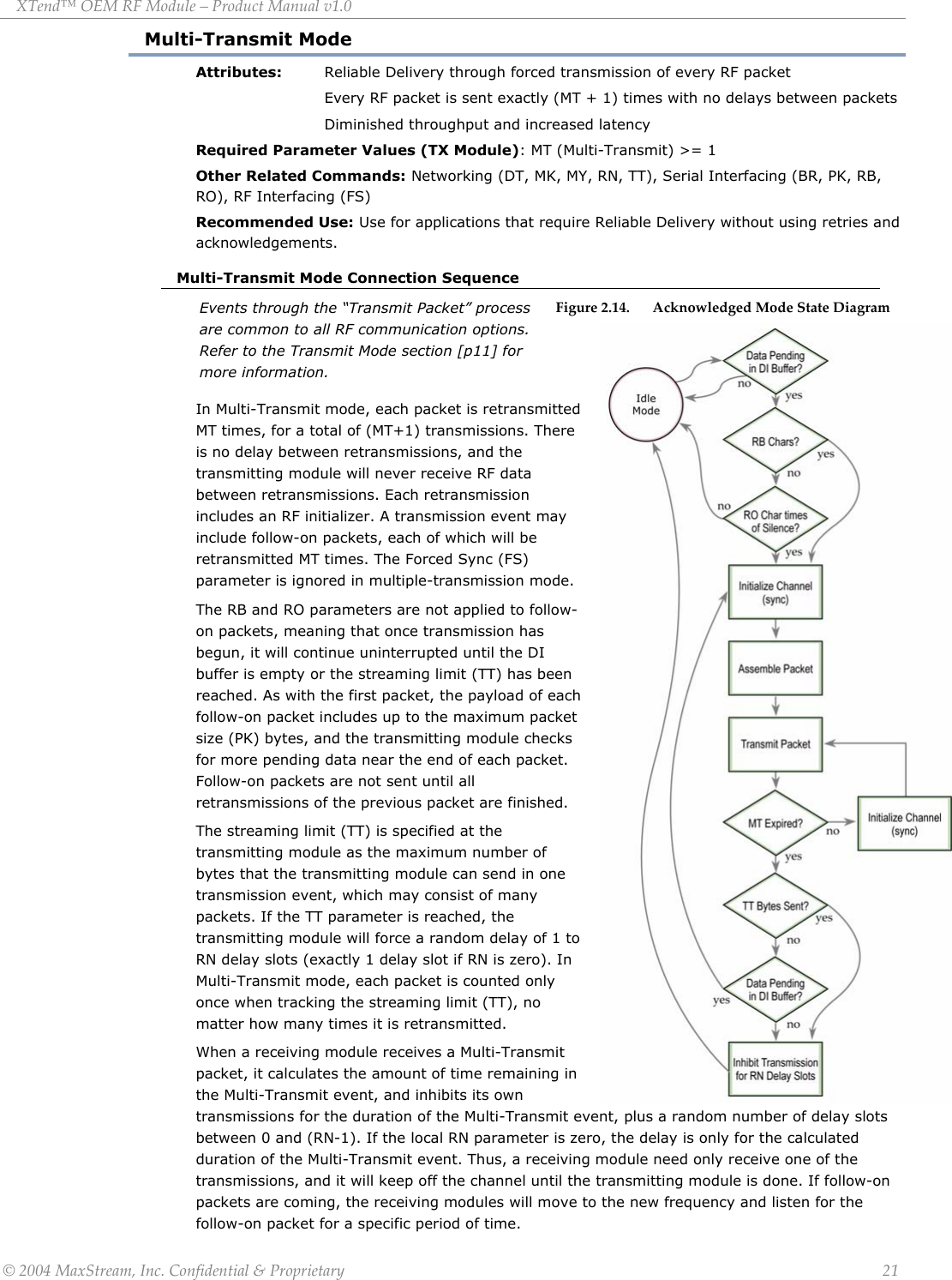 XTend™ OEM RF Module – Product Manual v1.0 Multi-Transmit Mode Attributes:  Reliable Delivery through forced transmission of every RF packet     Every RF packet is sent exactly (MT + 1) times with no delays between packets     Diminished throughput and increased latency Required Parameter Values (TX Module): MT (Multi-Transmit) &gt;= 1  Other Related Commands: Networking (DT, MK, MY, RN, TT), Serial Interfacing (BR, PK, RB, RO), RF Interfacing (FS) Recommended Use: Use for applications that require Reliable Delivery without using retries and acknowledgements. Multi-Transmit Mode Connection Sequence Figure 2.14.   Acknowledged Mode State Diagram   Events through the “Transmit Packet” process are common to all RF communication options. Refer to the Transmit Mode section [p11] for more information.    In Multi-Transmit mode, each packet is retransmitted MT times, for a total of (MT+1) transmissions. There is no delay between retransmissions, and the transmitting module will never receive RF data between retransmissions. Each retransmission includes an RF initializer. A transmission event may include follow-on packets, each of which will be retransmitted MT times. The Forced Sync (FS) parameter is ignored in multiple-transmission mode. The RB and RO parameters are not applied to follow-on packets, meaning that once transmission has begun, it will continue uninterrupted until the DI buffer is empty or the streaming limit (TT) has been reached. As with the first packet, the payload of each follow-on packet includes up to the maximum packet size (PK) bytes, and the transmitting module checks for more pending data near the end of each packet. Follow-on packets are not sent until all retransmissions of the previous packet are finished. The streaming limit (TT) is specified at the transmitting module as the maximum number of bytes that the transmitting module can send in one transmission event, which may consist of many packets. If the TT parameter is reached, the transmitting module will force a random delay of 1 to RN delay slots (exactly 1 delay slot if RN is zero). In Multi-Transmit mode, each packet is counted only once when tracking the streaming limit (TT), no matter how many times it is retransmitted. When a receiving module receives a Multi-Transmit packet, it calculates the amount of time remaining in the Multi-Transmit event, and inhibits its own transmissions for the duration of the Multi-Transmit event, plus a random number of delay slots between 0 and (RN-1). If the local RN parameter is zero, the delay is only for the calculated duration of the Multi-Transmit event. Thus, a receiving module need only receive one of the transmissions, and it will keep off the channel until the transmitting module is done. If follow-on packets are coming, the receiving modules will move to the new frequency and listen for the follow-on packet for a specific period of time. © 2004 MaxStream, Inc. Confidential &amp; Proprietary                 21 