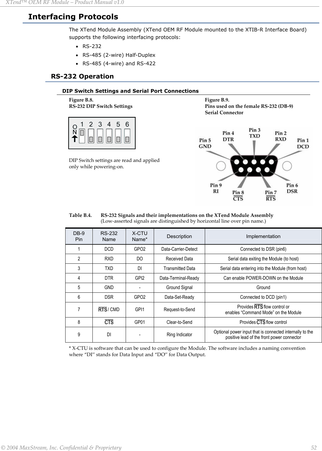 XTend™ OEM RF Module – Product Manual v1.0 Interfacing Protocols The XTend Module Assembly (XTend OEM RF Module mounted to the XTIB-R Interface Board) supports the following interfacing protocols: • RS-232 • RS-485 (2-wire) Half-Duplex • RS-485 (4-wire) and RS-422 RS-232 Operation DIP Switch Settings and Serial Port Connections Figure B.8.          Figure B.9.                    RS-232 DIP Switch Settings        Pins used on the female RS-232 (DB-9)         Serial Connector     DIP Switch settings are read and applied                 only while powering-on.     Table B.4. RS-232 Signals and their implementations on the XTend Module Assembly                               (Low-asserted signals are distinguished by horizontal line over pin name.)       DB-9 Pin RS-232 Name X-CTU Name*  Description  Implementation 1 DCD GPO2 Data-Carrier-Detect  Connected to DSR (pin6) 2  RXD  DO  Received Data  Serial data exiting the Module (to host) 3  TXD  DI  Transmitted Data  Serial data entering into the Module (from host) 4 DTR GPI2 Data-Terminal-Ready Can enable POWER-DOWN on the Module 5 GND  -  Ground Signal  Ground 6  DSR  GPO2  Data-Set-Ready  Connected to DCD (pin1) 7   / CMD  GPI1  Request-to-Send  Provides   flow control or enables “Command Mode” on the Module 8   GP01 Clear-to-Send  Provides  flow control 9 DI  - Ring Indicator Optional power input that is connected internally to the positive lead of the front power connector  * X-CTU is software that can be used to configure the Module. The software includes a naming convention where “DI” stands for Data Input and “DO” for Data Output.  © 2004 MaxStream, Inc. Confidential &amp; Proprietary                 52 