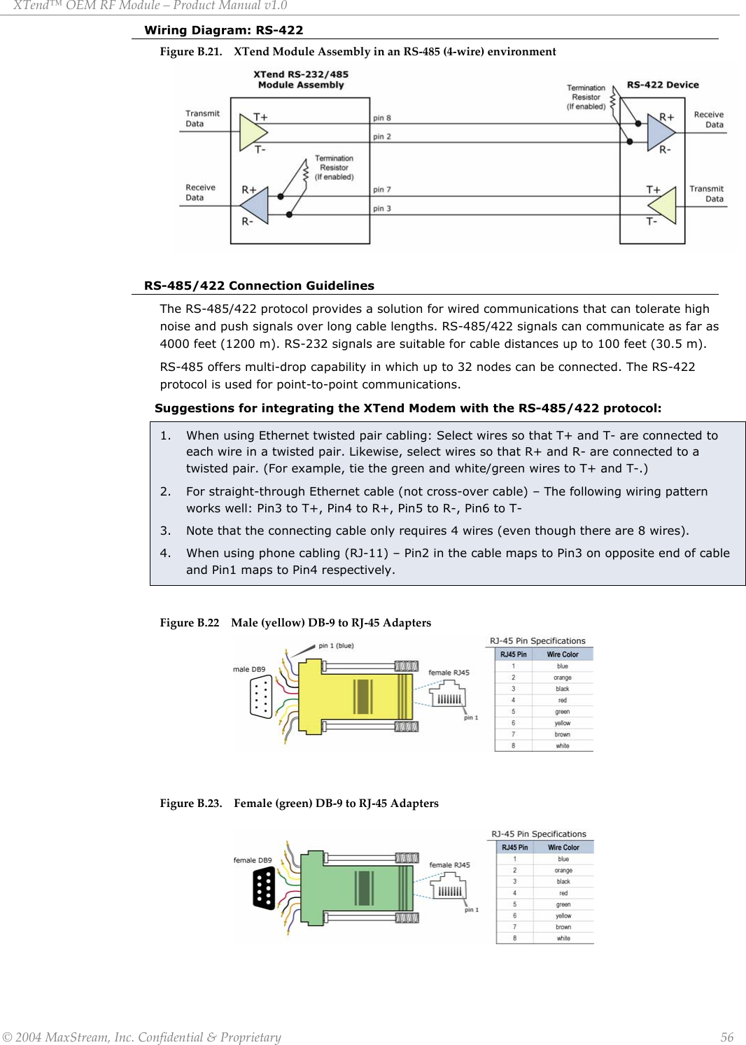 XTend™ OEM RF Module – Product Manual v1.0 Wiring Diagram: RS-422 Figure B.21.    XTend Module Assembly in an RS-485 (4-wire) environment          RS-485/422 Connection Guidelines The RS-485/422 protocol provides a solution for wired communications that can tolerate high noise and push signals over long cable lengths. RS-485/422 signals can communicate as far as 4000 feet (1200 m). RS-232 signals are suitable for cable distances up to 100 feet (30.5 m). RS-485 offers multi-drop capability in which up to 32 nodes can be connected. The RS-422 protocol is used for point-to-point communications. Suggestions for integrating the XTend Modem with the RS-485/422 protocol: 1.  When using Ethernet twisted pair cabling: Select wires so that T+ and T- are connected to each wire in a twisted pair. Likewise, select wires so that R+ and R- are connected to a twisted pair. (For example, tie the green and white/green wires to T+ and T-.) 2. For straight-through Ethernet cable (not cross-over cable) – The following wiring pattern works well: Pin3 to T+, Pin4 to R+, Pin5 to R-, Pin6 to T- 3.  Note that the connecting cable only requires 4 wires (even though there are 8 wires). 4.  When using phone cabling (RJ-11) – Pin2 in the cable maps to Pin3 on opposite end of cable and Pin1 maps to Pin4 respectively.  Figure B.22    Male (yellow) DB-9 to RJ-45 Adapters        Figure B.23.    Female (green) DB-9 to RJ-45 Adapters     © 2004 MaxStream, Inc. Confidential &amp; Proprietary                 56 