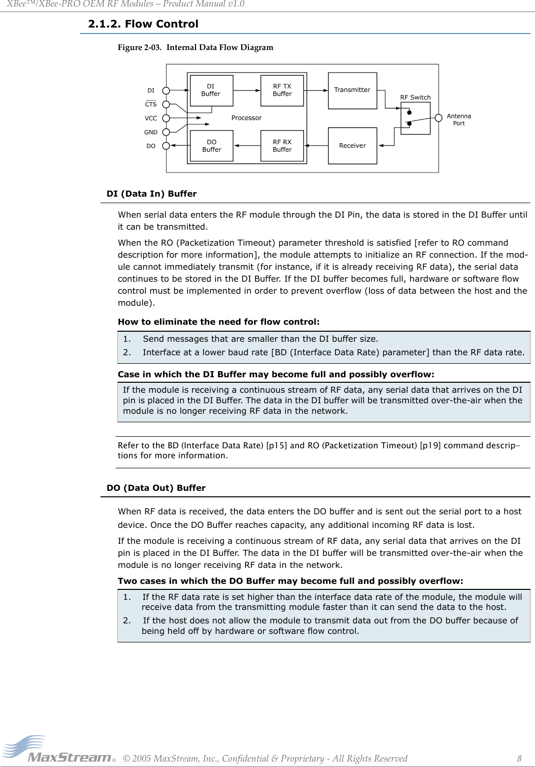 XBee™/XBee‐PROOEMRFModules–ProductManualv1.0©2005MaxStream,Inc.,Confidential&amp;Proprietary‐AllRightsReserved 82.1.2. Flow ControlFigure2‐03. InternalDataFlowDiagramDI (Data In) BufferWhen serial data enters the RF module through the DI Pin, the data is stored in the DI Buffer until it can be transmitted.When the RO (Packetization Timeout) parameter threshold is satisfied [refer to RO command description for more information], the module attempts to initialize an RF connection. If the mod-ule cannot immediately transmit (for instance, if it is already receiving RF data), the serial data continues to be stored in the DI Buffer. If the DI buffer becomes full, hardware or software flow control must be implemented in order to prevent overflow (loss of data between the host and the module).How to eliminate the need for flow control:Case in which the DI Buffer may become full and possibly overflow:Refer to the BD (Interface Data Rate) [p15] and RO (Packetization Timeout) [p19] command descrip-tions for more information.DO (Data Out) BufferWhen RF data is received, the data enters the DO buffer and is sent out the serial port to a host device. Once the DO Buffer reaches capacity, any additional incoming RF data is lost.If the module is receiving a continuous stream of RF data, any serial data that arrives on the DI pin is placed in the DI Buffer. The data in the DI buffer will be transmitted over-the-air when the module is no longer receiving RF data in the network.Two cases in which the DO Buffer may become full and possibly overflow:1.    Send messages that are smaller than the DI buffer size.2.    Interface at a lower baud rate [BD (Interface Data Rate) parameter] than the RF data rate.If the module is receiving a continuous stream of RF data, any serial data that arrives on the DI pin is placed in the DI Buffer. The data in the DI buffer will be transmitted over-the-air when the module is no longer receiving RF data in the network.1.    If the RF data rate is set higher than the interface data rate of the module, the module will receive data from the transmitting module faster than it can send the data to the host.2.    If the host does not allow the module to transmit data out from the DO buffer because of being held off by hardware or software flow control.