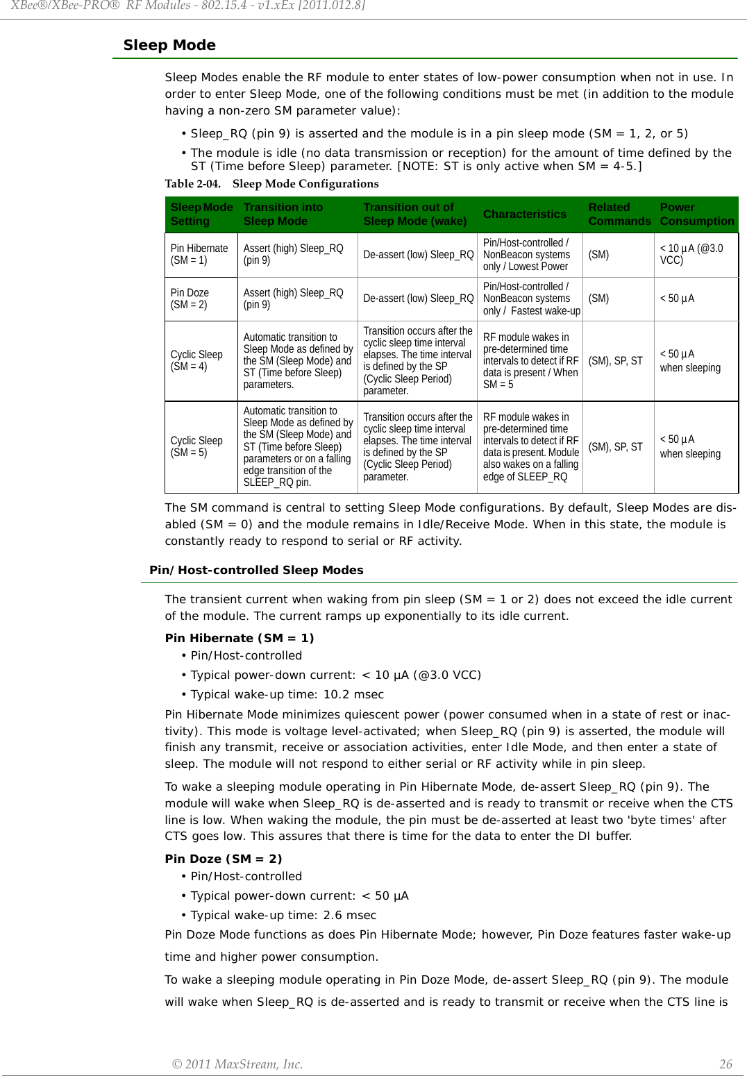 XBee®/XBee‐PRO®RFModules‐802.15.4‐v1.xEx[2011.012.8]©2011MaxStream,Inc. 26Sleep ModeSleep Modes enable the RF module to enter states of low-power consumption when not in use. In order to enter Sleep Mode, one of the following conditions must be met (in addition to the module having a non-zero SM parameter value):• Sleep_RQ (pin 9) is asserted and the module is in a pin sleep mode (SM = 1, 2, or 5)• The module is idle (no data transmission or reception) for the amount of time defined by the ST (Time before Sleep) parameter. [NOTE: ST is only active when SM = 4-5.]The SM command is central to setting Sleep Mode configurations. By default, Sleep Modes are dis-abled (SM = 0) and the module remains in Idle/Receive Mode. When in this state, the module is constantly ready to respond to serial or RF activity.Pin/Host-controlled Sleep ModesThe transient current when waking from pin sleep (SM = 1 or 2) does not exceed the idle current of the module. The current ramps up exponentially to its idle current.Pin Hibernate (SM = 1)• Pin/Host-controlled• Typical power-down current: &lt; 10 µA (@3.0 VCC)• Typical wake-up time: 10.2 msecPin Hibernate Mode minimizes quiescent power (power consumed when in a state of rest or inac-tivity). This mode is voltage level-activated; when Sleep_RQ (pin 9) is asserted, the module will finish any transmit, receive or association activities, enter Idle Mode, and then enter a state of sleep. The module will not respond to either serial or RF activity while in pin sleep.To wake a sleeping module operating in Pin Hibernate Mode, de-assert Sleep_RQ (pin 9). The module will wake when Sleep_RQ is de-asserted and is ready to transmit or receive when the CTS line is low. When waking the module, the pin must be de-asserted at least two &apos;byte times&apos; after CTS goes low. This assures that there is time for the data to enter the DI buffer. Pin Doze (SM = 2)• Pin/Host-controlled• Typical power-down current: &lt; 50 µA• Typical wake-up time: 2.6 msecPin Doze Mode functions as does Pin Hibernate Mode; however, Pin Doze features faster wake-uptime and higher power consumption.To wake a sleeping module operating in Pin Doze Mode, de-assert Sleep_RQ (pin 9). The modulewill wake when Sleep_RQ is de-asserted and is ready to transmit or receive when the CTS line isTable 2‐04. SleepModeConfigurationsSleep Mode Setting Transition into Sleep Mode Transition out of Sleep Mode (wake) Characteristics RelatedCommands PowerConsumptionPin Hibernate(SM = 1) Assert (high) Sleep_RQ (pin 9) De-assert (low) Sleep_RQ Pin/Host-controlled / NonBeacon systems only / Lowest Power (SM) &lt; 10 µA (@3.0 VCC)Pin Doze(SM = 2) Assert (high) Sleep_RQ (pin 9) De-assert (low) Sleep_RQ Pin/Host-controlled / NonBeacon systems only /  Fastest wake-up (SM) &lt; 50 µACyclic Sleep(SM = 4)Automatic transition to Sleep Mode as defined by the SM (Sleep Mode) and ST (Time before Sleep) parameters.Transition occurs after the cyclic sleep time interval elapses. The time interval is defined by the SP (Cyclic Sleep Period) parameter.RF module wakes in pre-determined time intervals to detect if RF data is present / When SM = 5(SM), SP, ST &lt; 50 µA when sleepingCyclic Sleep(SM = 5)Automatic transition to Sleep Mode as defined by the SM (Sleep Mode) and ST (Time before Sleep) parameters or on a falling edge transition of the SLEEP_RQ pin. Transition occurs after the cyclic sleep time interval elapses. The time interval is defined by the SP (Cyclic Sleep Period) parameter.RF module wakes in pre-determined time intervals to detect if RF data is present. Module also wakes on a falling edge of SLEEP_RQ(SM), SP, ST &lt; 50 µA when sleeping