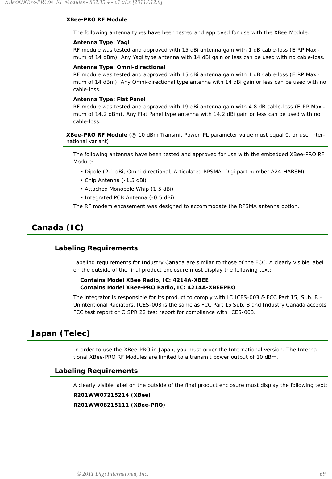 XBee®/XBee‐PRO®RFModules‐802.15.4‐v1.xEx[2011.012.8]©2011DigiInternatonal,Inc. 69XBee-PRO RF ModuleThe following antenna types have been tested and approved for use with the XBee Module:Antenna Type: YagiRF module was tested and approved with 15 dBi antenna gain with 1 dB cable-loss (EIRP Maxi-mum of 14 dBm). Any Yagi type antenna with 14 dBi gain or less can be used with no cable-loss.Antenna Type: Omni-directionalRF module was tested and approved with 15 dBi antenna gain with 1 dB cable-loss (EIRP Maxi-mum of 14 dBm). Any Omni-directional type antenna with 14 dBi gain or less can be used with no cable-loss.Antenna Type: Flat PanelRF module was tested and approved with 19 dBi antenna gain with 4.8 dB cable-loss (EIRP Maxi-mum of 14.2 dBm). Any Flat Panel type antenna with 14.2 dBi gain or less can be used with no cable-loss.XBee-PRO RF Module (@ 10 dBm Transmit Power, PL parameter value must equal 0, or use Inter-national variant)The following antennas have been tested and approved for use with the embedded XBee-PRO RF Module:• Dipole (2.1 dBi, Omni-directional, Articulated RPSMA, Digi part number A24-HABSM)• Chip Antenna (-1.5 dBi)• Attached Monopole Whip (1.5 dBi)• Integrated PCB Antenna (-0.5 dBi)The RF modem encasement was designed to accommodate the RPSMA antenna option.Canada (IC)Labeling RequirementsLabeling requirements for Industry Canada are similar to those of the FCC. A clearly visible label on the outside of the final product enclosure must display the following text:Contains Model XBee Radio, IC: 4214A-XBEEContains Model XBee-PRO Radio, IC: 4214A-XBEEPROThe integrator is responsible for its product to comply with IC ICES-003 &amp; FCC Part 15, Sub. B - Unintentional Radiators. ICES-003 is the same as FCC Part 15 Sub. B and Industry Canada accepts FCC test report or CISPR 22 test report for compliance with ICES-003.Japan (Telec)In order to use the XBee-PRO in Japan, you must order the International version. The Interna-tional XBee-PRO RF Modules are limited to a transmit power output of 10 dBm. Labeling RequirementsA clearly visible label on the outside of the final product enclosure must display the following text:R201WW07215214 (XBee)R201WW08215111 (XBee-PRO)