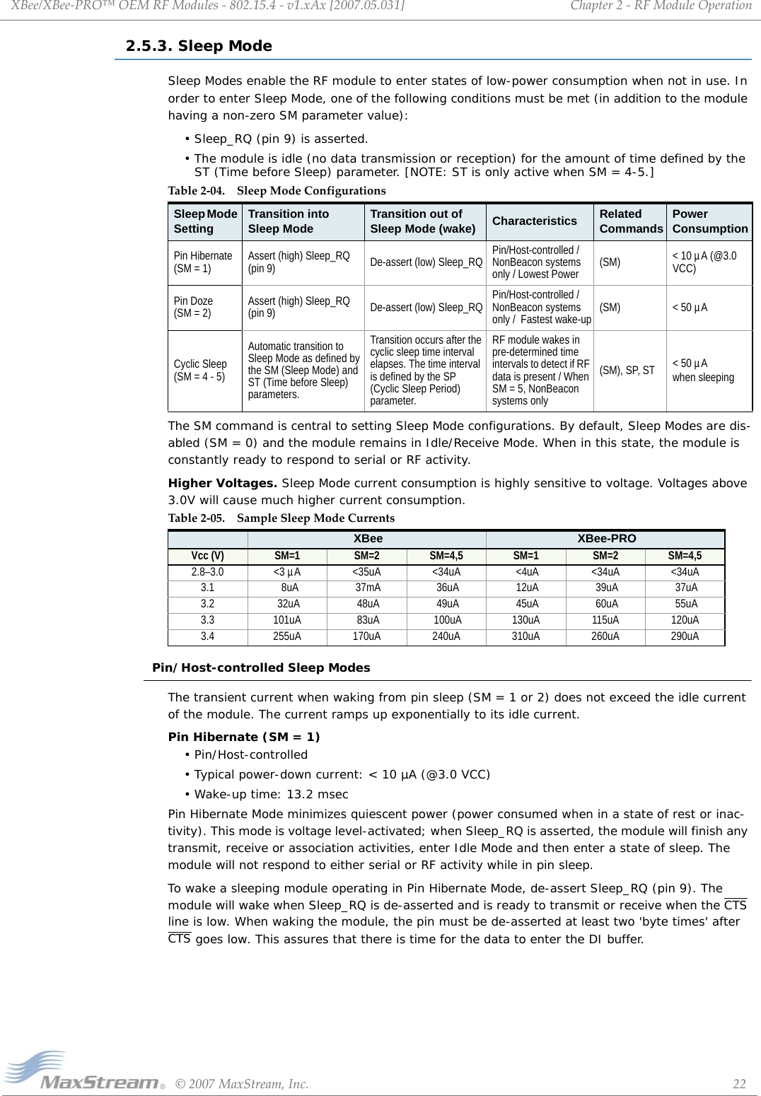 XBee/XBee‐PRO™OEMRFModules‐802.15.4‐v1.xAx[2007.05.031]©2007MaxStream,Inc. 22Chapter2‐RFModuleOperation2.5.3. Sleep ModeSleep Modes enable the RF module to enter states of low-power consumption when not in use. In order to enter Sleep Mode, one of the following conditions must be met (in addition to the module having a non-zero SM parameter value):• Sleep_RQ (pin 9) is asserted.• The module is idle (no data transmission or reception) for the amount of time defined by the ST (Time before Sleep) parameter. [NOTE: ST is only active when SM = 4-5.]The SM command is central to setting Sleep Mode configurations. By default, Sleep Modes are dis-abled (SM = 0) and the module remains in Idle/Receive Mode. When in this state, the module is constantly ready to respond to serial or RF activity.Higher Voltages. Sleep Mode current consumption is highly sensitive to voltage. Voltages above 3.0V will cause much higher current consumption.Pin/Host-controlled Sleep ModesThe transient current when waking from pin sleep (SM = 1 or 2) does not exceed the idle current of the module. The current ramps up exponentially to its idle current.Pin Hibernate (SM = 1)• Pin/Host-controlled• Typical power-down current: &lt; 10 µA (@3.0 VCC)• Wake-up time: 13.2 msecPin Hibernate Mode minimizes quiescent power (power consumed when in a state of rest or inac-tivity). This mode is voltage level-activated; when Sleep_RQ is asserted, the module will finish any transmit, receive or association activities, enter Idle Mode and then enter a state of sleep. The module will not respond to either serial or RF activity while in pin sleep.To wake a sleeping module operating in Pin Hibernate Mode, de-assert Sleep_RQ (pin 9). The module will wake when Sleep_RQ is de-asserted and is ready to transmit or receive when the CTS line is low. When waking the module, the pin must be de-asserted at least two &apos;byte times&apos; after CTS goes low. This assures that there is time for the data to enter the DI buffer.Table2‐04. SleepModeConfigurationsSleep Mode Setting Transition into Sleep Mode Transition out of Sleep Mode (wake) Characteristics RelatedCommands PowerConsumptionPin Hibernate (SM = 1) Assert (high) Sleep_RQ (pin 9) De-assert (low) Sleep_RQ Pin/Host-controlled / NonBeacon systems only / Lowest Power (SM) &lt; 10 µA (@3.0 VCC)Pin Doze (SM = 2) Assert (high) Sleep_RQ (pin 9) De-assert (low) Sleep_RQ Pin/Host-controlled / NonBeacon systems only /  Fastest wake-up (SM) &lt; 50 µACyclic Sleep (SM = 4 - 5)Automatic transition to Sleep Mode as defined by the SM (Sleep Mode) and ST (Time before Sleep) parameters.Transition occurs after the cyclic sleep time interval elapses. The time interval is defined by the SP (Cyclic Sleep Period) parameter.RF module wakes in pre-determined time intervals to detect if RF data is present / When SM = 5, NonBeacon systems only(SM), SP, ST &lt; 50 µA when sleepingTable2‐05. SampleSleepModeCurrentsXBee XBee-PROVcc (V) SM=1 SM=2 SM=4,5 SM=1 SM=2 SM=4,52.8–3.0 &lt;3 µA &lt;35uA &lt;34uA  &lt;4uA &lt;34uA &lt;34uA3.1   8uA  37mA  36uA  12uA  39uA  37uA3.2  32uA  48uA  49uA  45uA  60uA  55uA3.3 101uA  83uA  100uA 130uA 115uA 120uA3.4 255uA 170uA 240uA 310uA 260uA 290uA