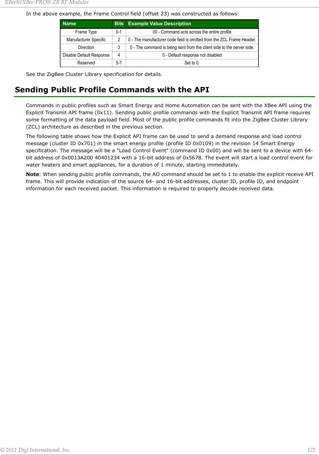 XBee®/XBee‐PRO®ZBRFModules©2011DigiInternational,Inc. 125In the above example, the Frame Control field (offset 23) was constructed as follows:See the ZigBee Cluster Library specification for details.Sending Public Profile Commands with the APICommands in public profiles such as Smart Energy and Home Automation can be sent with the XBee API using the Explicit Transmit API frame (0x11). Sending public profile commands with the Explicit Transmit API frame requires some formatting of the data payload field. Most of the public profile commands fit into the ZigBee Cluster Library (ZCL) architecture as described in the previous section. The following table shows how the Explicit API frame can be used to send a demand response and load control message (cluster ID 0x701) in the smart energy profile (profile ID 0x0109) in the revision 14 Smart Energy specification. The message will be a &quot;Load Control Event&quot; (command ID 0x00) and will be sent to a device with 64-bit address of 0x0013A200 40401234 with a 16-bit address of 0x5678. The event will start a load control event for water heaters and smart appliances, for a duration of 1 minute, starting immediately.Note: When sending public profile commands, the AO command should be set to 1 to enable the explicit receive API frame. This will provide indication of the source 64- and 16-bit addresses, cluster ID, profile ID, and endpoint information for each received packet. This information is required to properly decode received data.Name Bits Example Value DescriptionFrame Type 0-1 00 - Command acts across the entire profileManufacturer Specific 2 0 - The manufacturer code field is omitted from the ZCL Frame Header.Direction 3 0 - The command is being sent from the client side to the server side.Disable Default Response 4 0 - Default response not disabledReserved 5-7 Set to 0.