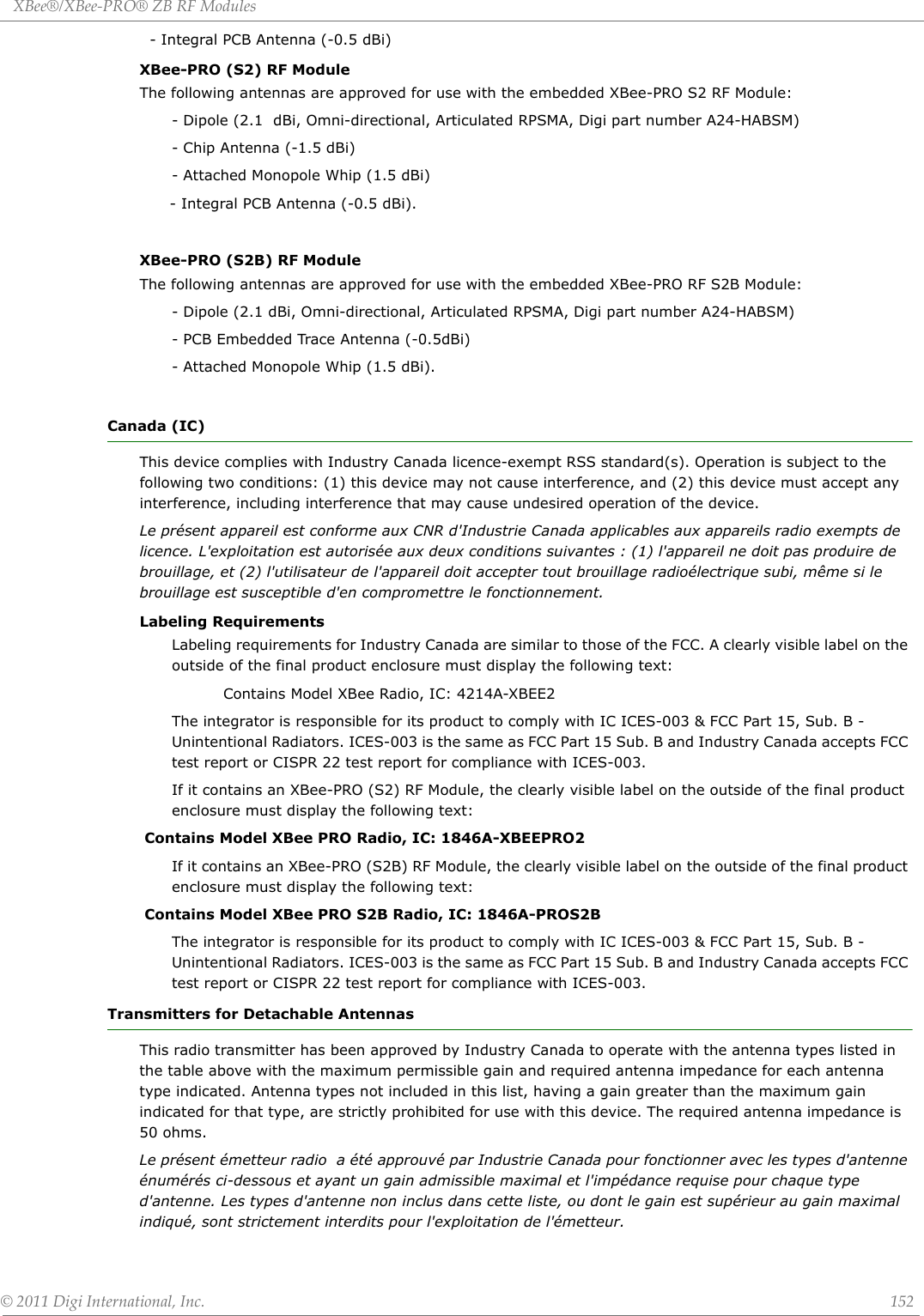 XBee®/XBee‐PRO®ZBRFModules©2011DigiInternational,Inc. 152  - Integral PCB Antenna (-0.5 dBi)XBee-PRO (S2) RF ModuleThe following antennas are approved for use with the embedded XBee-PRO S2 RF Module:- Dipole (2.1  dBi, Omni-directional, Articulated RPSMA, Digi part number A24-HABSM)- Chip Antenna (-1.5 dBi)- Attached Monopole Whip (1.5 dBi)      - Integral PCB Antenna (-0.5 dBi). XBee-PRO (S2B) RF ModuleThe following antennas are approved for use with the embedded XBee-PRO RF S2B Module:- Dipole (2.1 dBi, Omni-directional, Articulated RPSMA, Digi part number A24-HABSM)- PCB Embedded Trace Antenna (-0.5dBi)- Attached Monopole Whip (1.5 dBi).    Canada (IC)This device complies with Industry Canada licence-exempt RSS standard(s). Operation is subject to the following two conditions: (1) this device may not cause interference, and (2) this device must accept any interference, including interference that may cause undesired operation of the device.Le présent appareil est conforme aux CNR d&apos;Industrie Canada applicables aux appareils radio exempts de licence. L&apos;exploitation est autorisée aux deux conditions suivantes : (1) l&apos;appareil ne doit pas produire de brouillage, et (2) l&apos;utilisateur de l&apos;appareil doit accepter tout brouillage radioélectrique subi, même si le brouillage est susceptible d&apos;en compromettre le fonctionnement.Labeling RequirementsLabeling requirements for Industry Canada are similar to those of the FCC. A clearly visible label on the outside of the final product enclosure must display the following text:Contains Model XBee Radio, IC: 4214A-XBEE2The integrator is responsible for its product to comply with IC ICES-003 &amp; FCC Part 15, Sub. B - Unintentional Radiators. ICES-003 is the same as FCC Part 15 Sub. B and Industry Canada accepts FCC test report or CISPR 22 test report for compliance with ICES-003.If it contains an XBee-PRO (S2) RF Module, the clearly visible label on the outside of the final product enclosure must display the following text: Contains Model XBee PRO Radio, IC: 1846A-XBEEPRO2If it contains an XBee-PRO (S2B) RF Module, the clearly visible label on the outside of the final product enclosure must display the following text: Contains Model XBee PRO S2B Radio, IC: 1846A-PROS2BThe integrator is responsible for its product to comply with IC ICES-003 &amp; FCC Part 15, Sub. B - Unintentional Radiators. ICES-003 is the same as FCC Part 15 Sub. B and Industry Canada accepts FCC test report or CISPR 22 test report for compliance with ICES-003. Transmitters for Detachable AntennasThis radio transmitter has been approved by Industry Canada to operate with the antenna types listed in the table above with the maximum permissible gain and required antenna impedance for each antenna type indicated. Antenna types not included in this list, having a gain greater than the maximum gain indicated for that type, are strictly prohibited for use with this device. The required antenna impedance is 50 ohms. Le présent émetteur radio  a été approuvé par Industrie Canada pour fonctionner avec les types d&apos;antenne énumérés ci-dessous et ayant un gain admissible maximal et l&apos;impédance requise pour chaque type d&apos;antenne. Les types d&apos;antenne non inclus dans cette liste, ou dont le gain est supérieur au gain maximal indiqué, sont strictement interdits pour l&apos;exploitation de l&apos;émetteur.