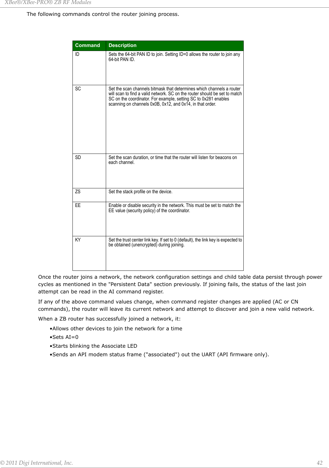 XBee®/XBee‐PRO®ZBRFModules©2011DigiInternational,Inc. 42The following commands control the router joining process.Once the router joins a network, the network configuration settings and child table data persist through power cycles as mentioned in the &quot;Persistent Data&quot; section previously. If joining fails, the status of the last join attempt can be read in the AI command register.If any of the above command values change, when command register changes are applied (AC or CN commands), the router will leave its current network and attempt to discover and join a new valid network. When a ZB router has successfully joined a network, it:•Allows other devices to join the network for a time•Sets AI=0•Starts blinking the Associate LED•Sends an API modem status frame (&quot;associated&quot;) out the UART (API firmware only).Command DescriptionID Sets the 64-bit PAN ID to join. Setting ID=0 allows the router to join any 64-bit PAN ID.SC Set the scan channels bitmask that determines which channels a router will scan to find a valid network. SC on the router should be set to match SC on the coordinator. For example, setting SC to 0x281 enables scanning on channels 0x0B, 0x12, and 0x14, in that order.SD Set the scan duration, or time that the router will listen for beacons on each channel.ZS Set the stack profile on the device.EE Enable or disable security in the network. This must be set to match the EE value (security policy) of the coordinator.KY Set the trust center link key. If set to 0 (default), the link key is expected to be obtained (unencrypted) during joining.