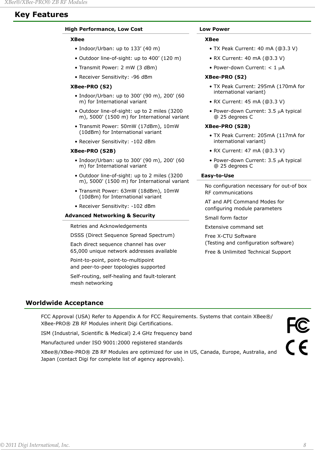 XBee®/XBee‐PRO®ZBRFModules©2011DigiInternational,Inc. 8Key FeaturesHigh Performance, Low CostXBee• Indoor/Urban: up to 133’ (40 m)• Outdoor line-of-sight: up to 400’ (120 m)• Transmit Power: 2 mW (3 dBm)• Receiver Sensitivity: -96 dBmXBee-PRO (S2)• Indoor/Urban: up to 300’ (90 m), 200&apos; (60 m) for International variant• Outdoor line-of-sight: up to 2 miles (3200 m), 5000&apos; (1500 m) for International variant• Transmit Power: 50mW (17dBm), 10mW (10dBm) for International variant• Receiver Sensitivity: -102 dBmXBee-PRO (S2B)• Indoor/Urban: up to 300’ (90 m), 200&apos; (60 m) for International variant• Outdoor line-of-sight: up to 2 miles (3200 m), 5000&apos; (1500 m) for International variant• Transmit Power: 63mW (18dBm), 10mW (10dBm) for International variant• Receiver Sensitivity: -102 dBmAdvanced Networking &amp; SecurityRetries and AcknowledgementsDSSS (Direct Sequence Spread Spectrum)Each direct sequence channel has over65,000 unique network addresses availablePoint-to-point, point-to-multipoint and peer-to-peer topologies supportedSelf-routing, self-healing and fault-tolerantmesh networkingLow PowerXBee• TX Peak Current: 40 mA (@3.3 V)• RX Current: 40 mA (@3.3 V)• Power-down Current: &lt; 1 AXBee-PRO (S2)• TX Peak Current: 295mA (170mA forinternational variant)• RX Current: 45 mA (@3.3 V)• Power-down Current: 3.5 A typical@ 25 degrees CXBee-PRO (S2B)• TX Peak Current: 205mA (117mA for international variant)• RX Current: 47 mA (@3.3 V)• Power-down Current: 3.5 A typical @ 25 degrees C Easy-to-UseNo configuration necessary for out-of boxRF communicationsAT and API Command Modes for configuring module parametersSmall form factorExtensive command setFree X-CTU Software(Testing and configuration software)Free &amp; Unlimited Technical SupportWorldwide AcceptanceFCC Approval (USA) Refer to Appendix A for FCC Requirements. Systems that contain XBee®/XBee-PRO® ZB RF Modules inherit Digi Certifications.ISM (Industrial, Scientific &amp; Medical) 2.4 GHz frequency bandManufactured under ISO 9001:2000 registered standardsXBee®/XBee-PRO® ZB RF Modules are optimized for use in US, Canada, Europe, Australia, and Japan (contact Digi for complete list of agency approvals). 