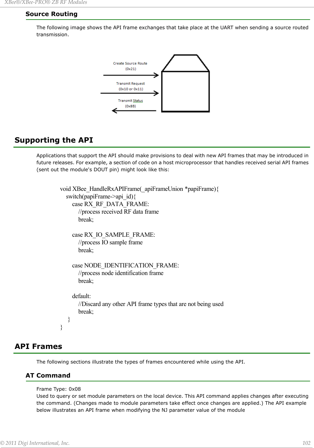 XBee®/XBee‐PRO®ZBRFModules©2011DigiInternational,Inc. 102Source RoutingThe following image shows the API frame exchanges that take place at the UART when sending a source routed transmission.Supporting the APIApplications that support the API should make provisions to deal with new API frames that may be introduced in future releases. For example, a section of code on a host microprocessor that handles received serial API frames (sent out the module&apos;s DOUT pin) might look like this: API FramesThe following sections illustrate the types of frames encountered while using the API.AT CommandFrame Type: 0x08Used to query or set module parameters on the local device. This API command applies changes after executing the command. (Changes made to module parameters take effect once changes are applied.) The API example below illustrates an API frame when modifying the NJ parameter value of the module void XBee_HandleRxAPIFrame(_apiFrameUnion *papiFrame){    switch(papiFrame-&gt;api_id){        case RX_RF_DATA_FRAME:            //process received RF data frame            break;        case RX_IO_SAMPLE_FRAME:            //process IO sample frame            break;        case NODE_IDENTIFICATION_FRAME:            //process node identification frame            break;        default:            //Discard any other API frame types that are not being used            break;     } }