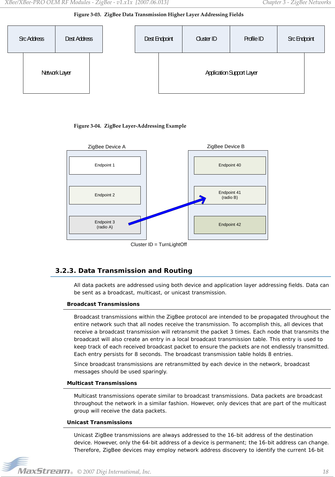 XBee/XBee‐PROOEMRFModules‐ZigBee‐v1.x1x[2007.06.013]©2007DigiInternational,Inc. 18Chapter3‐ZigBeeNetworksFigure3‐03. ZigBeeDataTransmissionHigherLayerAddressingFieldsFigure3‐04. ZigBeeLayer‐AddressingExample3.2.3. Data Transmission and RoutingAll data packets are addressed using both device and application layer addressing fields. Data can be sent as a broadcast, multicast, or unicast transmission.Broadcast TransmissionsBroadcast transmissions within the ZigBee protocol are intended to be propagated throughout the entire network such that all nodes receive the transmission. To accomplish this, all devices that receive a broadcast transmission will retransmit the packet 3 times. Each node that transmits the broadcast will also create an entry in a local broadcast transmission table. This entry is used to keep track of each received broadcast packet to ensure the packets are not endlessly transmitted. Each entry persists for 8 seconds. The broadcast transmission table holds 8 entries.Since broadcast transmissions are retransmitted by each device in the network, broadcast messages should be used sparingly.Multicast TransmissionsMulticast transmissions operate similar to broadcast transmissions. Data packets are broadcast throughout the network in a similar fashion. However, only devices that are part of the multicast group will receive the data packets.Unicast TransmissionsUnicast ZigBee transmissions are always addressed to the 16-bit address of the destination device. However, only the 64-bit address of a device is permanent; the 16-bit address can change. Therefore, ZigBee devices may employ network address discovery to identify the current 16-bit Src Address Dest Address Profile ID Src EndpointDest Endpoint Cluster IDNetwork Layer Application Support LayerEndpoint 1Endpoint 3(radio A)Endpoint 2Endpoint 40Endpoint 41(radio B)Endpoint 42Cluster ID = TurnLightOffZigBee Device A ZigBee Device B