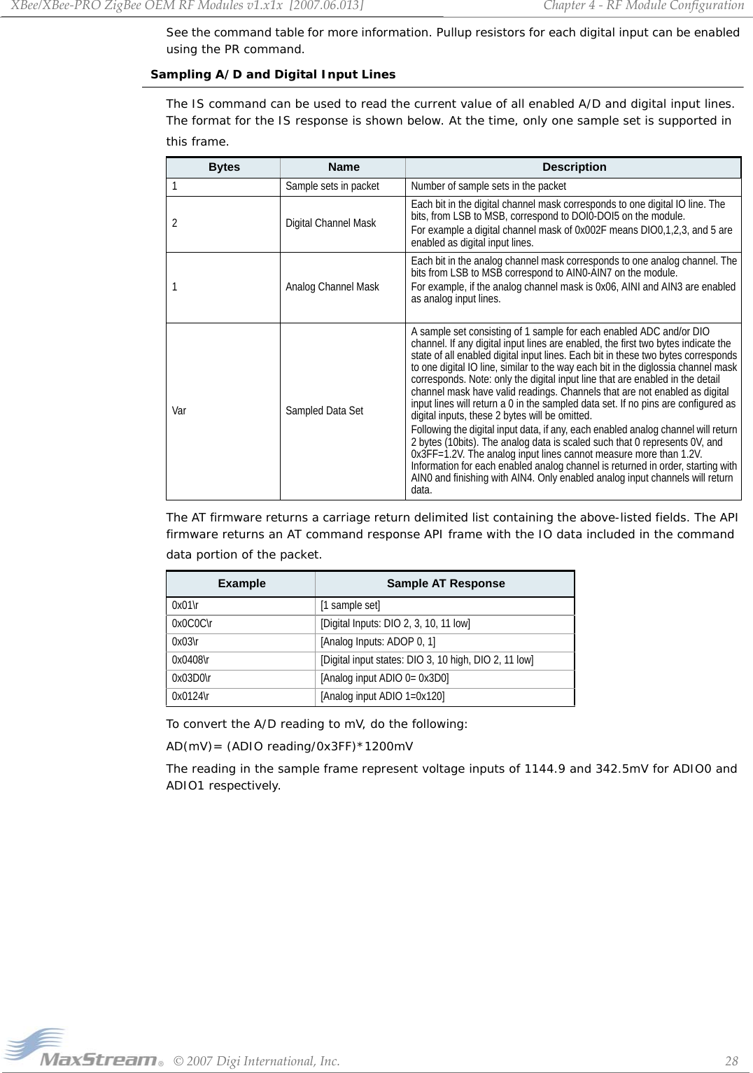 XBee/XBee‐PROZigBeeOEMRFModulesv1.x1x[2007.06.013]©2007DigiInternational,Inc. 28Chapter4‐RFModuleConfigurationSee the command table for more information. Pullup resistors for each digital input can be enabled using the PR command.Sampling A/D and Digital Input LinesThe IS command can be used to read the current value of all enabled A/D and digital input lines. The format for the IS response is shown below. At the time, only one sample set is supported in this frame.The AT firmware returns a carriage return delimited list containing the above-listed fields. The API firmware returns an AT command response API frame with the IO data included in the command data portion of the packet.To convert the A/D reading to mV, do the following:AD(mV)= (ADIO reading/0x3FF)*1200mVThe reading in the sample frame represent voltage inputs of 1144.9 and 342.5mV for ADIO0 and ADIO1 respectively.Bytes Name Description1 Sample sets in packet Number of sample sets in the packet2 Digital Channel MaskEach bit in the digital channel mask corresponds to one digital IO line. The bits, from LSB to MSB, correspond to DOI0-DOI5 on the module.For example a digital channel mask of 0x002F means DIO0,1,2,3, and 5 are enabled as digital input lines.1 Analog Channel MaskEach bit in the analog channel mask corresponds to one analog channel. The bits from LSB to MSB correspond to AIN0-AIN7 on the module.For example, if the analog channel mask is 0x06, AINI and AIN3 are enabled as analog input lines.Var Sampled Data SetA sample set consisting of 1 sample for each enabled ADC and/or DIO channel. If any digital input lines are enabled, the first two bytes indicate the state of all enabled digital input lines. Each bit in these two bytes corresponds to one digital IO line, similar to the way each bit in the diglossia channel mask corresponds. Note: only the digital input line that are enabled in the detail channel mask have valid readings. Channels that are not enabled as digital input lines will return a 0 in the sampled data set. If no pins are configured as digital inputs, these 2 bytes will be omitted. Following the digital input data, if any, each enabled analog channel will return 2 bytes (10bits). The analog data is scaled such that 0 represents 0V, and 0x3FF=1.2V. The analog input lines cannot measure more than 1.2V. Information for each enabled analog channel is returned in order, starting with AIN0 and finishing with AIN4. Only enabled analog input channels will return data.Example Sample AT Response0x01\r [1 sample set]0x0C0C\r [Digital Inputs: DIO 2, 3, 10, 11 low]0x03\r [Analog Inputs: ADOP 0, 1]0x0408\r [Digital input states: DIO 3, 10 high, DIO 2, 11 low]0x03D0\r [Analog input ADIO 0= 0x3D0]0x0124\r [Analog input ADIO 1=0x120]