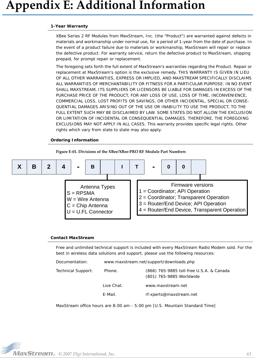 ©2007DigiInternational,Inc. 63AppendixE:AdditionalInformation1-Year WarrantyXBee Series 2 RF Modules from MaxStream, Inc. (the &quot;Product&quot;) are warranted against defects in materials and workmanship under normal use, for a period of 1-year from the date of purchase. In the event of a product failure due to materials or workmanship, MaxStream will repair or replace the defective product. For warranty service, return the defective product to MaxStream, shipping prepaid, for prompt repair or replacement.The foregoing sets forth the full extent of MaxStream&apos;s warranties regarding the Product. Repair or replacement at MaxStream&apos;s option is the exclusive remedy. THIS WARRANTY IS GIVEN IN LIEU OF ALL OTHER WARRANTIES, EXPRESS OR IMPLIED, AND MAXSTREAM SPECIFICALLY DISCLAIMS ALL WARRANTIES OF MERCHANTABILITY OR FITNESS FOR A PARTICULAR PURPOSE. IN NO EVENT SHALL MAXSTREAM, ITS SUPPLIERS OR LICENSORS BE LIABLE FOR DAMAGES IN EXCESS OF THE PURCHASE PRICE OF THE PRODUCT, FOR ANY LOSS OF USE, LOSS OF TIME, INCONVENIENCE, COMMERCIAL LOSS, LOST PROFITS OR SAVINGS, OR OTHER INCIDENTAL, SPECIAL OR CONSE-QUENTIAL DAMAGES ARISING OUT OF THE USE OR INABILITY TO USE THE PRODUCT, TO THE FULL EXTENT SUCH MAY BE DISCLAIMED BY LAW. SOME STATES DO NOT ALLOW THE EXCLUSION OR LIMITATION OF INCIDENTAL OR CONSEQUENTIAL DAMAGES. THEREFORE, THE FOREGOING EXCLUSIONS MAY NOT APPLY IN ALL CASES. This warranty provides specific legal rights. Other rights which vary from state to state may also apply.Ordering InformationFigureE‐01.DivisionsoftheXBee/XBee‐PRORFModulePartNumbersContact MaxStreamFree and unlimited technical support is included with every MaxStream Radio Modem sold. For the best in wireless data solutions and support, please use the following resources:MaxStream office hours are 8:00 am - 5:00 pm [U.S. Mountain Standard Time]Documentation:  www.maxstream.net/support/downloads.phpTechnical Support:  Phone. (866) 765-9885 toll-free U.S.A. &amp; Canada (801) 765-9885 WorldwideLive Chat.  www.maxstream.net E-Mail. rf-xperts@maxstream.net X B 2 4 -B I T -0 0Antenna Types S = RPSMAW = Wire AntennaC = Chip AntennaU = U.FL ConnectorFirmware versions1 = Coordinator; API Operation2 = Coordinator; Transparent Operation3 = Router/End Device; API Operation4 = Router/End Device, Transparent Operation