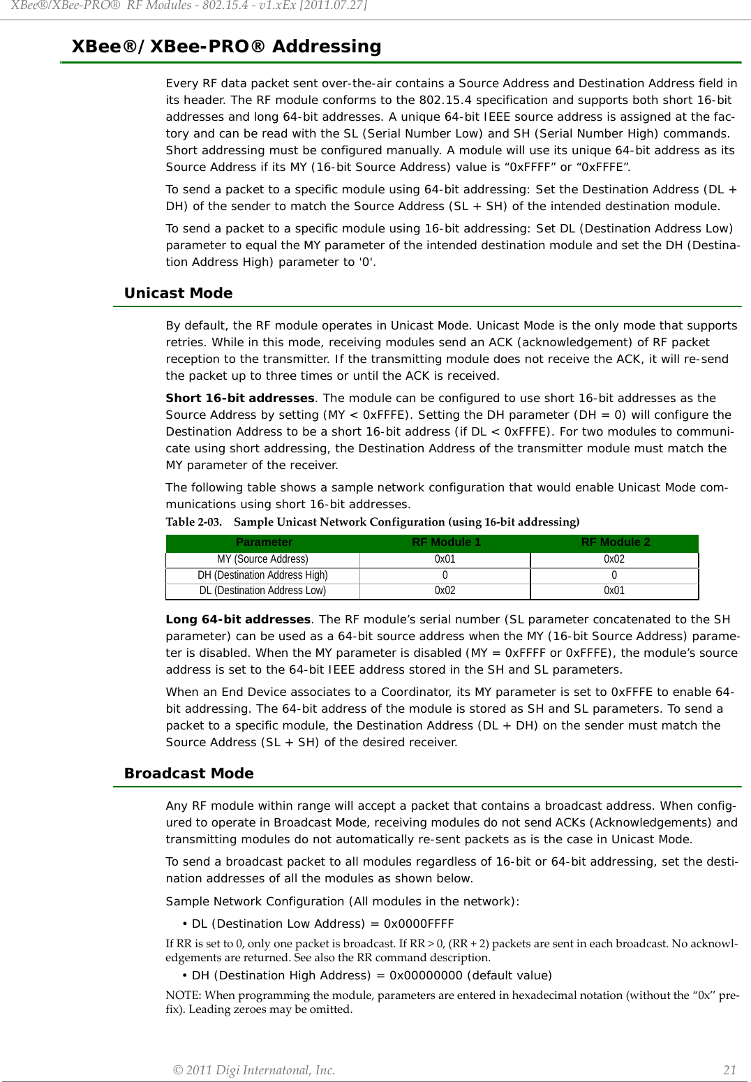XBee®/XBee‐PRO®RFModules‐802.15.4‐v1.xEx[2011.07.27]©2011DigiInternatonal,Inc. 21XBee®/XBee-PRO® AddressingEvery RF data packet sent over-the-air contains a Source Address and Destination Address field in its header. The RF module conforms to the 802.15.4 specification and supports both short 16-bit addresses and long 64-bit addresses. A unique 64-bit IEEE source address is assigned at the fac-tory and can be read with the SL (Serial Number Low) and SH (Serial Number High) commands. Short addressing must be configured manually. A module will use its unique 64-bit address as its Source Address if its MY (16-bit Source Address) value is “0xFFFF” or “0xFFFE”.To send a packet to a specific module using 64-bit addressing: Set the Destination Address (DL + DH) of the sender to match the Source Address (SL + SH) of the intended destination module. To send a packet to a specific module using 16-bit addressing: Set DL (Destination Address Low) parameter to equal the MY parameter of the intended destination module and set the DH (Destina-tion Address High) parameter to &apos;0&apos;.Unicast ModeBy default, the RF module operates in Unicast Mode. Unicast Mode is the only mode that supports retries. While in this mode, receiving modules send an ACK (acknowledgement) of RF packet reception to the transmitter. If the transmitting module does not receive the ACK, it will re-send the packet up to three times or until the ACK is received.Short 16-bit addresses. The module can be configured to use short 16-bit addresses as the Source Address by setting (MY &lt; 0xFFFE). Setting the DH parameter (DH = 0) will configure the Destination Address to be a short 16-bit address (if DL &lt; 0xFFFE). For two modules to communi-cate using short addressing, the Destination Address of the transmitter module must match the MY parameter of the receiver.The following table shows a sample network configuration that would enable Unicast Mode com-munications using short 16-bit addresses.Long 64-bit addresses. The RF module’s serial number (SL parameter concatenated to the SH parameter) can be used as a 64-bit source address when the MY (16-bit Source Address) parame-ter is disabled. When the MY parameter is disabled (MY = 0xFFFF or 0xFFFE), the module’s source address is set to the 64-bit IEEE address stored in the SH and SL parameters.When an End Device associates to a Coordinator, its MY parameter is set to 0xFFFE to enable 64-bit addressing. The 64-bit address of the module is stored as SH and SL parameters. To send a packet to a specific module, the Destination Address (DL + DH) on the sender must match the Source Address (SL + SH) of the desired receiver.Broadcast ModeAny RF module within range will accept a packet that contains a broadcast address. When config-ured to operate in Broadcast Mode, receiving modules do not send ACKs (Acknowledgements) and transmitting modules do not automatically re-sent packets as is the case in Unicast Mode.To send a broadcast packet to all modules regardless of 16-bit or 64-bit addressing, set the desti-nation addresses of all the modules as shown below.Sample Network Configuration (All modules in the network):• DL (Destination Low Address) = 0x0000FFFFIfRRissetto0,onlyonepacketisbroadcast.IfRR&gt;0,(RR+2)packetsaresentineachbroadcast.Noacknowl‐edgementsarereturned.SeealsotheRRcommanddescription.• DH (Destination High Address) = 0x00000000 (default value)NOTE:Whenprogrammingthemodule,parametersareenteredinhexadecimalnotation(withoutthe“0x”pre‐fix).Leadingzeroesmaybeomitted.Table 2‐03. SampleUnicastNetworkConfiguration(using16‐bitaddressing)Parameter RF Module 1 RF Module 2MY (Source Address) 0x01 0x02DH (Destination Address High) 0 0DL (Destination Address Low) 0x02 0x01