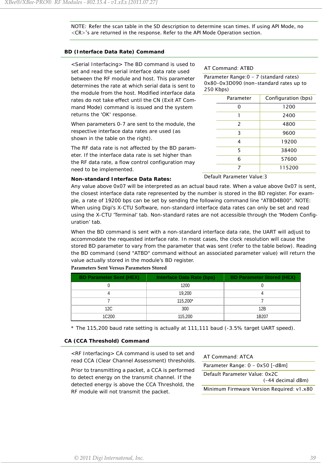 XBee®/XBee‐PRO®RFModules‐802.15.4‐v1.xEx[2011.07.27]©2011DigiInternatonal,Inc. 39NOTE: Refer the scan table in the SD description to determine scan times. If using API Mode, no &lt;CR&gt;’s are returned in the response. Refer to the API Mode Operation section.BD (Interface Data Rate) Command&lt;Serial Interfacing&gt; The BD command is used to set and read the serial interface data rate used between the RF module and host. This parameter determines the rate at which serial data is sent to the module from the host. Modified interface data rates do not take effect until the CN (Exit AT Com-mand Mode) command is issued and the system returns the &apos;OK&apos; response.When parameters 0-7 are sent to the module, the respective interface data rates are used (as shown in the table on the right).The RF data rate is not affected by the BD param-eter. If the interface data rate is set higher than the RF data rate, a flow control configuration may need to be implemented.Non-standard Interface Data Rates: Any value above 0x07 will be interpreted as an actual baud rate. When a value above 0x07 is sent, the closest interface data rate represented by the number is stored in the BD register. For exam-ple, a rate of 19200 bps can be set by sending the following command line &quot;ATBD4B00&quot;. NOTE: When using Digi’s X-CTU Software, non-standard interface data rates can only be set and read using the X-CTU ‘Terminal’ tab. Non-standard rates are not accessible through the ‘Modem Config-uration’ tab.When the BD command is sent with a non-standard interface data rate, the UART will adjust to accommodate the requested interface rate. In most cases, the clock resolution will cause the stored BD parameter to vary from the parameter that was sent (refer to the table below). Reading the BD command (send &quot;ATBD&quot; command without an associated parameter value) will return the value actually stored in the module’s BD register.* The 115,200 baud rate setting is actually at 111,111 baud (-3.5% target UART speed). CA (CCA Threshold) Command&lt;RF Interfacing&gt; CA command is used to set and read CCA (Clear Channel Assessment) thresholds.Prior to transmitting a packet, a CCA is performed to detect energy on the transmit channel. If the detected energy is above the CCA Threshold, the RF module will not transmit the packet.ParametersSentVer sus ParametersStoredBD Parameter Sent (HEX) Interface Data Rate (bps) BD Parameter Stored (HEX)0 1200 04 19,200 47 115,200* 712C 300 12B1C200 115,200 1B207AT Command: ATBDParameter Range:0 - 7 (standard rates)0x80-0x3D090 (non-standard rates up to 250 Kbps)Parameter Configuration (bps)012001240024800396004 192005 384006 576007 115200Default Parameter Value:3AT Command: ATCAParameter Range: 0 - 0x50 [-dBm]Default Parameter Value: 0x2C            (-44 decimal dBm)Minimum Firmware Version Required: v1.x80