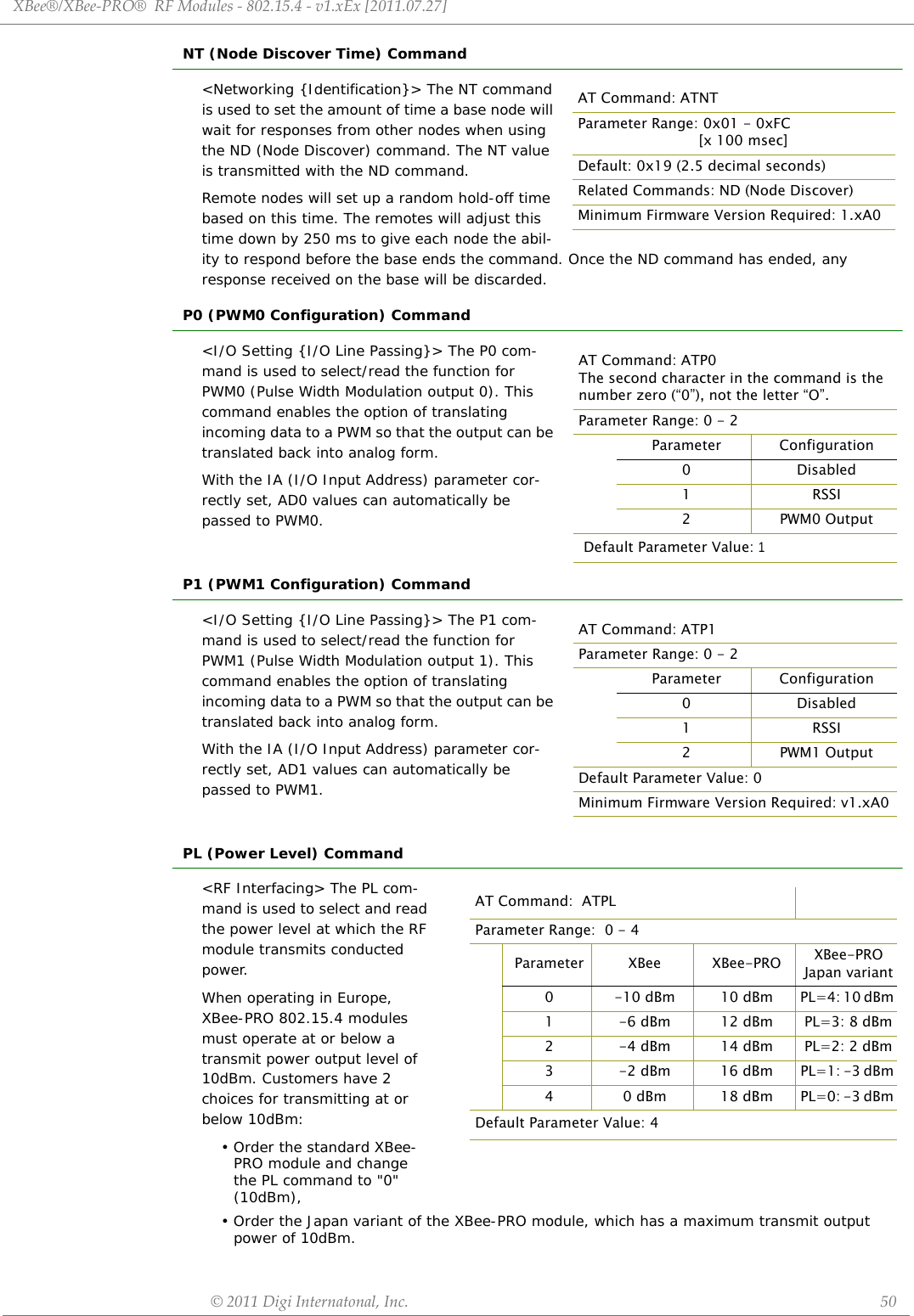 XBee®/XBee‐PRO®RFModules‐802.15.4‐v1.xEx[2011.07.27]©2011DigiInternatonal,Inc. 50NT (Node Discover Time) Command&lt;Networking {Identification}&gt; The NT command is used to set the amount of time a base node will wait for responses from other nodes when using the ND (Node Discover) command. The NT value is transmitted with the ND command. Remote nodes will set up a random hold-off time based on this time. The remotes will adjust this time down by 250 ms to give each node the abil-ity to respond before the base ends the command. Once the ND command has ended, any response received on the base will be discarded.P0 (PWM0 Configuration) Command&lt;I/O Setting {I/O Line Passing}&gt; The P0 com-mand is used to select/read the function for PWM0 (Pulse Width Modulation output 0). This command enables the option of translating incoming data to a PWM so that the output can be translated back into analog form. With the IA (I/O Input Address) parameter cor-rectly set, AD0 values can automatically be passed to PWM0.P1 (PWM1 Configuration) Command&lt;I/O Setting {I/O Line Passing}&gt; The P1 com-mand is used to select/read the function for PWM1 (Pulse Width Modulation output 1). This command enables the option of translating incoming data to a PWM so that the output can be translated back into analog form. With the IA (I/O Input Address) parameter cor-rectly set, AD1 values can automatically be passed to PWM1.PL (Power Level) Command&lt;RF Interfacing&gt; The PL com-mand is used to select and read the power level at which the RF module transmits conducted power.When operating in Europe, XBee-PRO 802.15.4 modules must operate at or below a transmit power output level of 10dBm. Customers have 2 choices for transmitting at or below 10dBm: • Order the standard XBee-PRO module and change the PL command to &quot;0&quot; (10dBm),• Order the Japan variant of the XBee-PRO module, which has a maximum transmit output power of 10dBm.AT Command: ATNTParameter Range: 0x01 - 0xFC[x 100 msec]Default: 0x19 (2.5 decimal seconds)Related Commands: ND (Node Discover)Minimum Firmware Version Required: 1.xA0AT Command: ATP0The second character in the command is the number zero (“0”), not the letter “O”.Parameter Range: 0 - 2Parameter Configuration0 Disabled1 RSSI2PWM0 OutputDefault Parameter Value: 1AT Command: ATP1Parameter Range: 0 - 2Parameter Configuration0 Disabled1 RSSI2PWM1 OutputDefault Parameter Value: 0Minimum Firmware Version Required: v1.xA0AT Command:  ATPLParameter Range:  0 - 4Parameter XBee XBee-PRO XBee-PRO Japan variant0 -10 dBm 10 dBm PL=4: 10 dBm 1 -6 dBm 12 dBm PL=3: 8 dBm 2 -4 dBm 14 dBm PL=2: 2 dBm 3 -2 dBm 16 dBm PL=1: -3 dBm 4 0 dBm 18 dBm PL=0: -3 dBm Default Parameter Value: 4