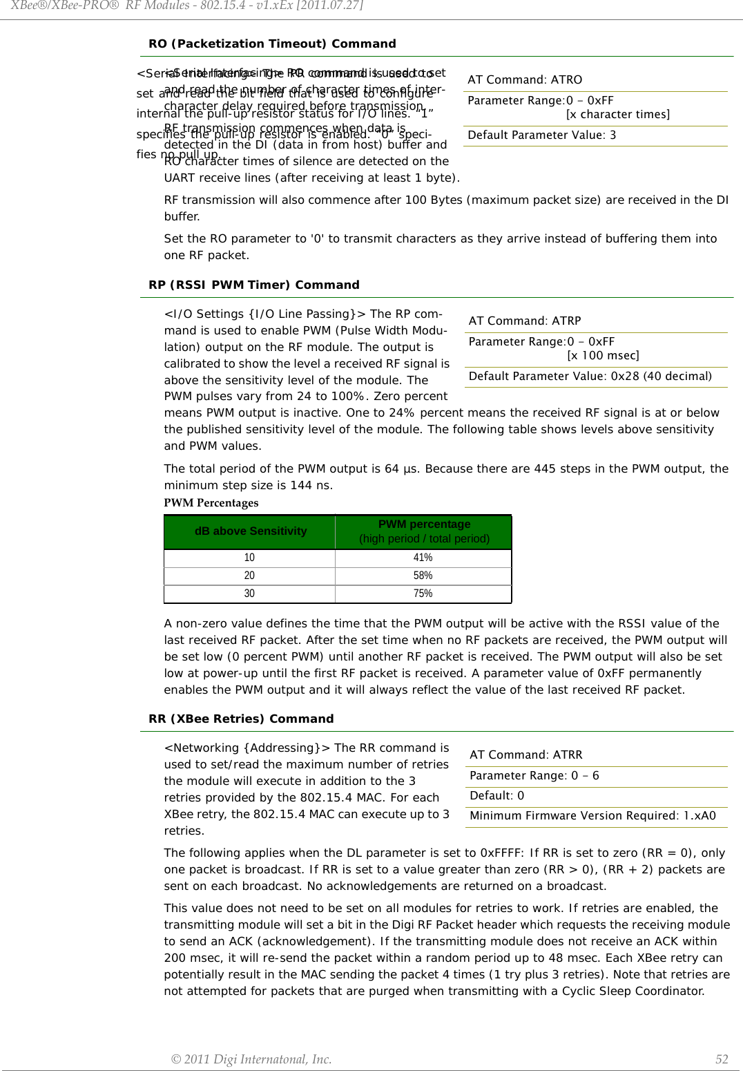 XBee®/XBee‐PRO®RFModules‐802.15.4‐v1.xEx[2011.07.27]©2011DigiInternatonal,Inc. 52RO (Packetization Timeout) Command&lt;Serial Interfacing&gt; RO command is used to set and read the number of character times of inter-character delay required before transmission.RF transmission commences when data is detected in the DI (data in from host) buffer and RO character times of silence are detected on the UART receive lines (after receiving at least 1 byte). RF transmission will also commence after 100 Bytes (maximum packet size) are received in the DI buffer.Set the RO parameter to &apos;0&apos; to transmit characters as they arrive instead of buffering them into one RF packet.RP (RSSI PWM Timer) Command&lt;I/O Settings {I/O Line Passing}&gt; The RP com-mand is used to enable PWM (Pulse Width Modu-lation) output on the RF module. The output is calibrated to show the level a received RF signal is above the sensitivity level of the module. The PWM pulses vary from 24 to 100%. Zero percent means PWM output is inactive. One to 24% percent means the received RF signal is at or below the published sensitivity level of the module. The following table shows levels above sensitivity and PWM values.The total period of the PWM output is 64 µs. Because there are 445 steps in the PWM output, the minimum step size is 144 ns.A non-zero value defines the time that the PWM output will be active with the RSSI value of the last received RF packet. After the set time when no RF packets are received, the PWM output will be set low (0 percent PWM) until another RF packet is received. The PWM output will also be set low at power-up until the first RF packet is received. A parameter value of 0xFF permanently enables the PWM output and it will always reflect the value of the last received RF packet.RR (XBee Retries) Command&lt;Networking {Addressing}&gt; The RR command is used to set/read the maximum number of retries the module will execute in addition to the 3 retries provided by the 802.15.4 MAC. For each XBee retry, the 802.15.4 MAC can execute up to 3 retries.The following applies when the DL parameter is set to 0xFFFF: If RR is set to zero (RR = 0), only one packet is broadcast. If RR is set to a value greater than zero (RR &gt; 0), (RR + 2) packets are sent on each broadcast. No acknowledgements are returned on a broadcast.This value does not need to be set on all modules for retries to work. If retries are enabled, the transmitting module will set a bit in the Digi RF Packet header which requests the receiving module to send an ACK (acknowledgement). If the transmitting module does not receive an ACK within 200 msec, it will re-send the packet within a random period up to 48 msec. Each XBee retry can potentially result in the MAC sending the packet 4 times (1 try plus 3 retries). Note that retries are not attempted for packets that are purged when transmitting with a Cyclic Sleep Coordinator.PWMPercentagesdB above Sensitivity PWM percentage(high period / total period)10 41%20 58%30 75%AT Command: ATROParameter Range:0 - 0xFF[x character times]Default Parameter Value: 3AT Command: ATRPParameter Range:0 - 0xFF[x 100 msec]Default Parameter Value: 0x28 (40 decimal)AT Command: ATRRParameter Range: 0 - 6Default: 0Minimum Firmware Version Required: 1.xA0&lt;Serial Interfacing&gt; The PR command is used to set and read the bit field that is used to configure internal the pull-up resistor status for I/O lines. “1” specifies the pull-up resistor is enabled. “0” speci-fies no pull up.