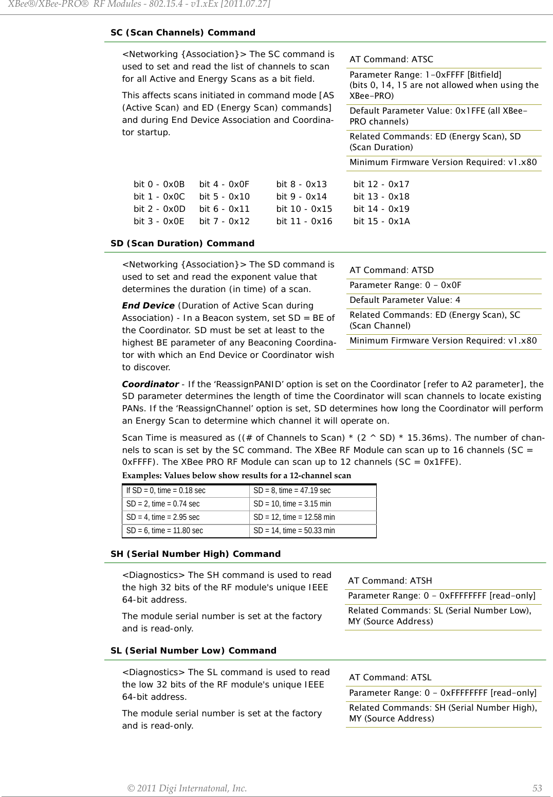 XBee®/XBee‐PRO®RFModules‐802.15.4‐v1.xEx[2011.07.27]©2011DigiInternatonal,Inc. 53SC (Scan Channels) Command&lt;Networking {Association}&gt; The SC command is used to set and read the list of channels to scan for all Active and Energy Scans as a bit field.This affects scans initiated in command mode [AS (Active Scan) and ED (Energy Scan) commands] and during End Device Association and Coordina-tor startup.bit 0 - 0x0B  bit 4 - 0x0F bit 8 - 0x13 bit 12 - 0x17bit 1 - 0x0C  bit 5 - 0x10 bit 9 - 0x14 bit 13 - 0x18bit 2 - 0x0D  bit 6 - 0x11 bit 10 - 0x15 bit 14 - 0x19bit 3 - 0x0E  bit 7 - 0x12 bit 11 - 0x16 bit 15 - 0x1ASD (Scan Duration) Command&lt;Networking {Association}&gt; The SD command is used to set and read the exponent value that determines the duration (in time) of a scan.End Device (Duration of Active Scan during Association) - In a Beacon system, set SD = BE of the Coordinator. SD must be set at least to the highest BE parameter of any Beaconing Coordina-tor with which an End Device or Coordinator wish to discover. Coordinator - If the ‘ReassignPANID’ option is set on the Coordinator [refer to A2 parameter], the SD parameter determines the length of time the Coordinator will scan channels to locate existing PANs. If the ‘ReassignChannel’ option is set, SD determines how long the Coordinator will perform an Energy Scan to determine which channel it will operate on.Scan Time is measured as ((# of Channels to Scan) * (2 ^ SD) * 15.36ms). The number of chan-nels to scan is set by the SC command. The XBee RF Module can scan up to 16 channels (SC = 0xFFFF). The XBee PRO RF Module can scan up to 12 channels (SC = 0x1FFE).SH (Serial Number High) Command&lt;Diagnostics&gt; The SH command is used to read the high 32 bits of the RF module&apos;s unique IEEE 64-bit address.The module serial number is set at the factory and is read-only.SL (Serial Number Low) Command&lt;Diagnostics&gt; The SL command is used to read the low 32 bits of the RF module&apos;s unique IEEE 64-bit address.The module serial number is set at the factory and is read-only.Examples:Val u e s belowshowresultsfora12‐channelscanIf SD = 0, time = 0.18 sec SD = 8, time = 47.19 secSD = 2, time = 0.74 sec SD = 10, time = 3.15 minSD = 4, time = 2.95 sec SD = 12, time = 12.58 minSD = 6, time = 11.80 sec SD = 14, time = 50.33 minAT Command: ATSCParameter Range: 1-0xFFFF [Bitfield](bits 0, 14, 15 are not allowed when using the XBee-PRO)Default Parameter Value: 0x1FFE (all XBee-PRO channels)Related Commands: ED (Energy Scan), SD (Scan Duration)Minimum Firmware Version Required: v1.x80AT Command: ATSDParameter Range: 0 - 0x0FDefault Parameter Value: 4Related Commands: ED (Energy Scan), SC (Scan Channel)Minimum Firmware Version Required: v1.x80AT Command: ATSHParameter Range: 0 - 0xFFFFFFFF [read-only]Related Commands: SL (Serial Number Low), MY (Source Address)AT Command: ATSLParameter Range: 0 - 0xFFFFFFFF [read-only]Related Commands: SH (Serial Number High), MY (Source Address)