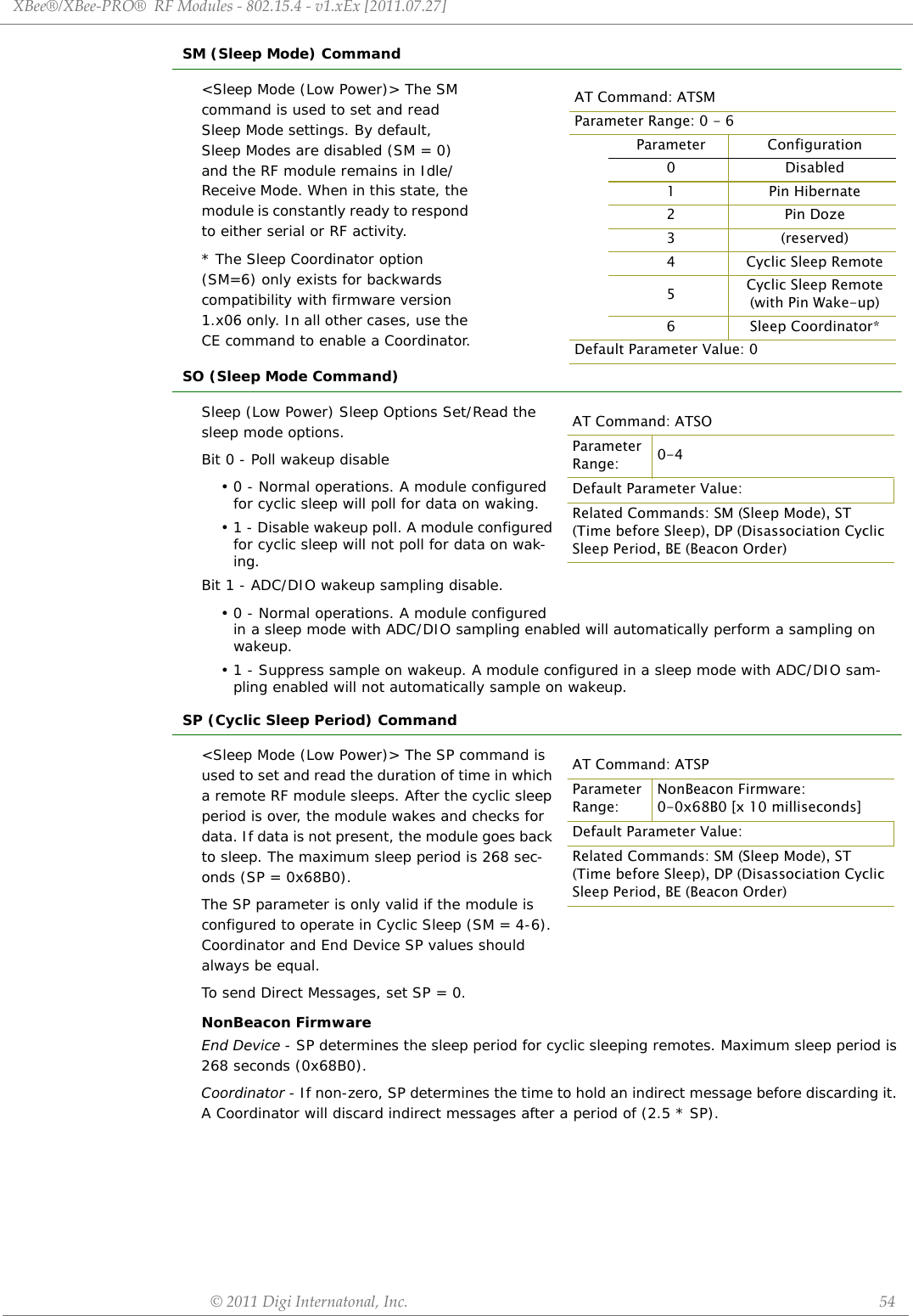 XBee®/XBee‐PRO®RFModules‐802.15.4‐v1.xEx[2011.07.27]©2011DigiInternatonal,Inc. 54SM (Sleep Mode) Command&lt;Sleep Mode (Low Power)&gt; The SM command is used to set and read Sleep Mode settings. By default, Sleep Modes are disabled (SM = 0) and the RF module remains in Idle/Receive Mode. When in this state, the module is constantly ready to respond to either serial or RF activity.* The Sleep Coordinator option (SM=6) only exists for backwards compatibility with firmware version 1.x06 only. In all other cases, use the CE command to enable a Coordinator.SO (Sleep Mode Command)Sleep (Low Power) Sleep Options Set/Read the sleep mode options.    Bit 0 - Poll wakeup disable• 0 - Normal operations. A module configured for cyclic sleep will poll for data on waking.• 1 - Disable wakeup poll. A module configured for cyclic sleep will not poll for data on wak-ing.Bit 1 - ADC/DIO wakeup sampling disable.• 0 - Normal operations. A module configured in a sleep mode with ADC/DIO sampling enabled will automatically perform a sampling on wakeup.• 1 - Suppress sample on wakeup. A module configured in a sleep mode with ADC/DIO sam-pling enabled will not automatically sample on wakeup.SP (Cyclic Sleep Period) Command&lt;Sleep Mode (Low Power)&gt; The SP command is used to set and read the duration of time in which a remote RF module sleeps. After the cyclic sleep period is over, the module wakes and checks for data. If data is not present, the module goes back to sleep. The maximum sleep period is 268 sec-onds (SP = 0x68B0).The SP parameter is only valid if the module is configured to operate in Cyclic Sleep (SM = 4-6). Coordinator and End Device SP values should always be equal. To send Direct Messages, set SP = 0.NonBeacon FirmwareEnd Device - SP determines the sleep period for cyclic sleeping remotes. Maximum sleep period is 268 seconds (0x68B0).Coordinator - If non-zero, SP determines the time to hold an indirect message before discarding it. A Coordinator will discard indirect messages after a period of (2.5 * SP).AT Command: ATSMParameter Range: 0 - 6     Parameter Configuration0 Disabled1Pin Hibernate2Pin Doze3 (reserved)4 Cyclic Sleep Remote5Cyclic Sleep Remote(with Pin Wake-up)6 Sleep Coordinator*Default Parameter Value: 0AT Command: ATSOParameter Range: 0-4Default Parameter Value:Related Commands: SM (Sleep Mode), ST (Time before Sleep), DP (Disassociation Cyclic Sleep Period, BE (Beacon Order)AT Command: ATSPParameter Range:NonBeacon Firmware:0-0x68B0 [x 10 milliseconds]Default Parameter Value:Related Commands: SM (Sleep Mode), ST (Time before Sleep), DP (Disassociation Cyclic Sleep Period, BE (Beacon Order)