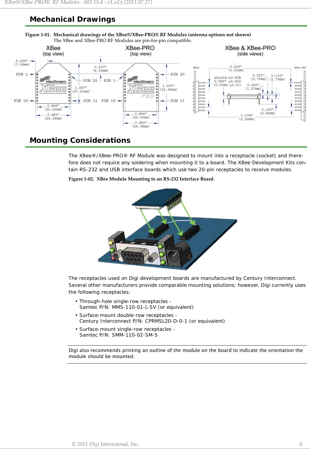 XBee®/XBee‐PRO®RFModules‐802.15.4‐v1.xEx[2011.07.27]©2011DigiInternatonal,Inc. 6Mechanical DrawingsFigure1‐01. MechanicaldrawingsoftheXBee®/XBee‐PRO®RFModules(antennaoptionsnotshown)TheXBeeandXBee‐PRORFModulesarepin‐for‐pincompatible.Mounting ConsiderationsThe XBee®/XBee-PRO® RF Module was designed to mount into a receptacle (socket) and there-fore does not require any soldering when mounting it to a board. The XBee Development Kits con-tain RS-232 and USB interface boards which use two 20-pin receptacles to receive modules.Figure1‐02. XBeeModuleMountingtoanRS‐232InterfaceBoard.The receptacles used on Digi development boards are manufactured by Century Interconnect. Several other manufacturers provide comparable mounting solutions; however, Digi currently uses the following receptacles:• Through-hole single-row receptacles - Samtec P/N: MMS-110-01-L-SV (or equivalent)• Surface-mount double-row receptacles - Century Interconnect P/N: CPRMSL20-D-0-1 (or equivalent)• Surface-mount single-row receptacles - Samtec P/N: SMM-110-02-SM-SDigi also recommends printing an outline of the module on the board to indicate the orientation the module should be mounted.