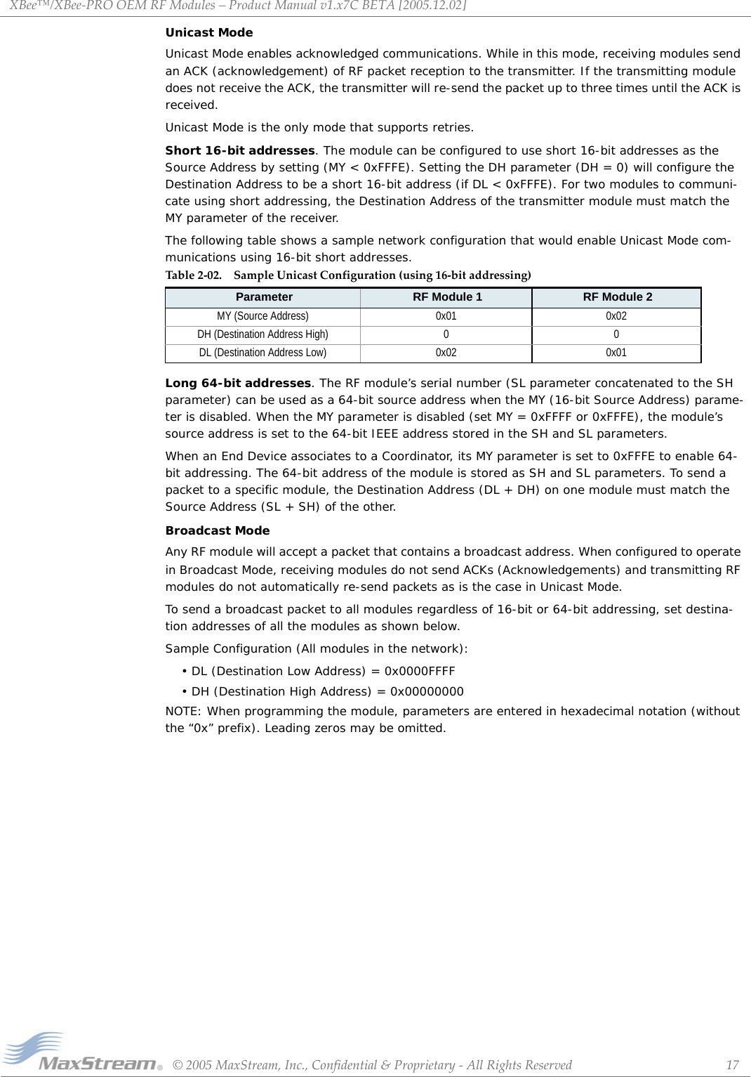 XBee™/XBee‐PROOEMRFModules–ProductManualv1.x7CBETA[2005.12.02]©2005MaxStream,Inc.,Confidential&amp;Proprietary‐AllRightsReserved 17Unicast ModeUnicast Mode enables acknowledged communications. While in this mode, receiving modules send an ACK (acknowledgement) of RF packet reception to the transmitter. If the transmitting module does not receive the ACK, the transmitter will re-send the packet up to three times until the ACK is received.Unicast Mode is the only mode that supports retries.Short 16-bit addresses. The module can be configured to use short 16-bit addresses as the Source Address by setting (MY &lt; 0xFFFE). Setting the DH parameter (DH = 0) will configure the Destination Address to be a short 16-bit address (if DL &lt; 0xFFFE). For two modules to communi-cate using short addressing, the Destination Address of the transmitter module must match the MY parameter of the receiver.The following table shows a sample network configuration that would enable Unicast Mode com-munications using 16-bit short addresses.Long 64-bit addresses. The RF module’s serial number (SL parameter concatenated to the SH parameter) can be used as a 64-bit source address when the MY (16-bit Source Address) parame-ter is disabled. When the MY parameter is disabled (set MY = 0xFFFF or 0xFFFE), the module’s source address is set to the 64-bit IEEE address stored in the SH and SL parameters.When an End Device associates to a Coordinator, its MY parameter is set to 0xFFFE to enable 64-bit addressing. The 64-bit address of the module is stored as SH and SL parameters. To send a packet to a specific module, the Destination Address (DL + DH) on one module must match the Source Address (SL + SH) of the other.Broadcast ModeAny RF module will accept a packet that contains a broadcast address. When configured to operate in Broadcast Mode, receiving modules do not send ACKs (Acknowledgements) and transmitting RF modules do not automatically re-send packets as is the case in Unicast Mode. To send a broadcast packet to all modules regardless of 16-bit or 64-bit addressing, set destina-tion addresses of all the modules as shown below.Sample Configuration (All modules in the network):• DL (Destination Low Address) = 0x0000FFFF• DH (Destination High Address) = 0x00000000NOTE: When programming the module, parameters are entered in hexadecimal notation (without the “0x” prefix). Leading zeros may be omitted.Table2‐02. SampleUnicastConfiguration(using16‐bitaddressing)Parameter RF Module 1 RF Module 2MY (Source Address) 0x01 0x02DH (Destination Address High) 0 0DL (Destination Address Low) 0x02 0x01