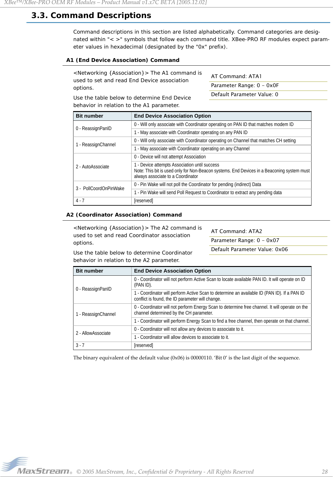 XBee™/XBee‐PROOEMRFModules–ProductManualv1.x7CBETA[2005.12.02]©2005MaxStream,Inc.,Confidential&amp;Proprietary‐AllRightsReserved 283.3. Command DescriptionsCommand descriptions in this section are listed alphabetically. Command categories are desig-nated within &quot;&lt; &gt;&quot; symbols that follow each command title. XBee-PRO RF modules expect param-eter values in hexadecimal (designated by the &quot;0x&quot; prefix).A1 (End Device Association) Command&lt;Networking {Association}&gt; The A1 command is used to set and read End Device association options.Use the table below to determine End Device behavior in relation to the A1 parameter.A2 (Coordinator Association) Command&lt;Networking {Association}&gt; The A2 command is used to set and read Coordinator association options.Use the table below to determine Coordinator behavior in relation to the A2 parameter.Thebinaryequivalentofthedefaultvalue(0x06)is00000110.‘Bit0’isthelastdigitofthesequence.Bit number End Device Association Option0 - ReassignPanID 0 - Will only associate with Coordinator operating on PAN ID that matches modem ID1 - May associate with Coordinator operating on any PAN ID1 - ReassignChannel 0 - Will only associate with Coordinator operating on Channel that matches CH setting1 - May associate with Coordinator operating on any Channel2 - AutoAssociate0 - Device will not attempt Association1 - Device attempts Association until success Note: This bit is used only for Non-Beacon systems. End Devices in a Beaconing system must always associate to a Coordinator3 -  PollCoordOnPinWake 0 - Pin Wake will not poll the Coordinator for pending (indirect) Data1 - Pin Wake will send Poll Request to Coordinator to extract any pending data4 - 7 [reserved]Bit number End Device Association Option0 - ReassignPanID0 - Coordinator will not perform Active Scan to locate available PAN ID. It will operate on ID (PAN ID). 1 - Coordinator will perform Active Scan to determine an available ID (PAN ID). If a PAN ID conflict is found, the ID parameter will change.1 - ReassignChannel0 - Coordinator will not perform Energy Scan to determine free channel. It will operate on the channel determined by the CH parameter.1 - Coordinator will perform Energy Scan to find a free channel, then operate on that channel. 2 - AllowAssociate 0 - Coordinator will not allow any devices to associate to it.1 - Coordinator will allow devices to associate to it.3 - 7 [reserved]AT Command: ATA1Parameter Range: 0 - 0x0FDefault Parameter Value: 0AT Command: ATA2Parameter Range: 0 - 0x07Default Parameter Value: 0x06