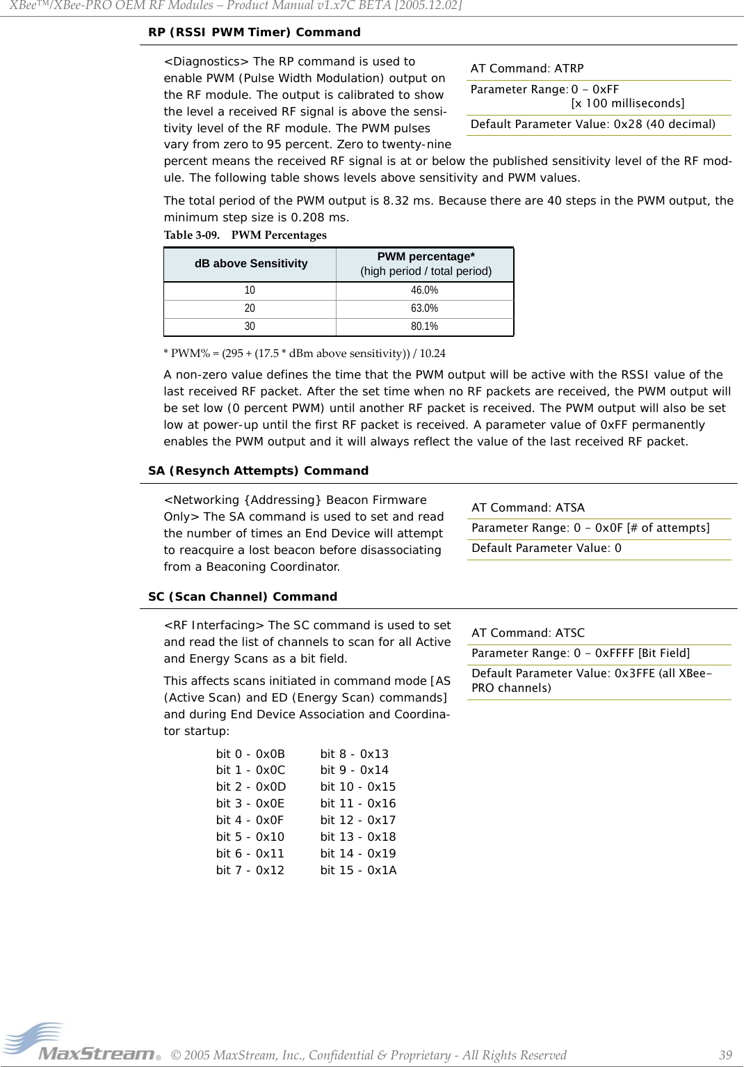 XBee™/XBee‐PROOEMRFModules–ProductManualv1.x7CBETA[2005.12.02]©2005MaxStream,Inc.,Confidential&amp;Proprietary‐AllRightsReserved 39RP (RSSI PWM Timer) Command&lt;Diagnostics&gt; The RP command is used to enable PWM (Pulse Width Modulation) output on the RF module. The output is calibrated to show the level a received RF signal is above the sensi-tivity level of the RF module. The PWM pulses vary from zero to 95 percent. Zero to twenty-nine percent means the received RF signal is at or below the published sensitivity level of the RF mod-ule. The following table shows levels above sensitivity and PWM values.The total period of the PWM output is 8.32 ms. Because there are 40 steps in the PWM output, the minimum step size is 0.208 ms.*PWM%=(295+(17.5*dBmabovesensitivity))/10.24A non-zero value defines the time that the PWM output will be active with the RSSI value of the last received RF packet. After the set time when no RF packets are received, the PWM output will be set low (0 percent PWM) until another RF packet is received. The PWM output will also be set low at power-up until the first RF packet is received. A parameter value of 0xFF permanently enables the PWM output and it will always reflect the value of the last received RF packet.SA (Resynch Attempts) Command&lt;Networking {Addressing} Beacon Firmware Only&gt; The SA command is used to set and read the number of times an End Device will attempt to reacquire a lost beacon before disassociating from a Beaconing Coordinator.SC (Scan Channel) Command&lt;RF Interfacing&gt; The SC command is used to set and read the list of channels to scan for all Active and Energy Scans as a bit field. This affects scans initiated in command mode [AS (Active Scan) and ED (Energy Scan) commands] and during End Device Association and Coordina-tor startup:bit 0 - 0x0B  bit 8 - 0x13 bit 1 - 0x0C  bit 9 - 0x14 bit 2 - 0x0D  bit 10 - 0x15 bit 3 - 0x0E  bit 11 - 0x16 bit 4 - 0x0F bit 12 - 0x17 bit 5 - 0x10  bit 13 - 0x18 bit 6 - 0x11  bit 14 - 0x19 bit 7 - 0x12  bit 15 - 0x1ATable3‐09. PWMPercentagesdB above Sensitivity PWM percentage*(high period / total period)10 46.0%20 63.0%30 80.1%AT Command: ATRPParameter Range: 0 - 0xFF[x 100 milliseconds]Default Parameter Value: 0x28 (40 decimal)AT Command: ATSAParameter Range: 0 - 0x0F [# of attempts]Default Parameter Value: 0AT Command: ATSCParameter Range: 0 - 0xFFFF [Bit Field]Default Parameter Value: 0x3FFE (all XBee-PRO channels)