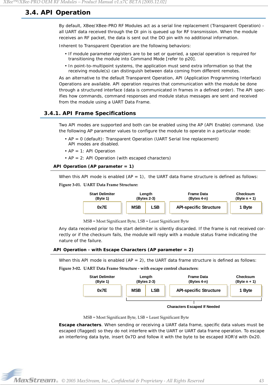 XBee™/XBee‐PROOEMRFModules–ProductManualv1.x7CBETA[2005.12.02]©2005MaxStream,Inc.,Confidential&amp;Proprietary‐AllRightsReserved 433.4. API OperationBy default, XBee/XBee-PRO RF Modules act as a serial line replacement (Transparent Operation) - all UART data received through the DI pin is queued up for RF transmission. When the module receives an RF packet, the data is sent out the DO pin with no additional information.Inherent to Transparent Operation are the following behaviors:• If module parameter registers are to be set or queried, a special operation is required for transitioning the module into Command Mode [refer to p20].• In point-to-multipoint systems, the application must send extra information so that the receiving module(s) can distinguish between data coming from different remotes.As an alternative to the default Transparent Operation, API (Application Programming Interface) Operations are available. API operation requires that communication with the module be done through a structured interface (data is communicated in frames in a defined order). The API spec-ifies how commands, command responses and module status messages are sent and received from the module using a UART Data Frame.3.4.1. API Frame SpecificationsTwo API modes are supported and both can be enabled using the AP (API Enable) command. Use the following AP parameter values to configure the module to operate in a particular mode:• AP = 0 (default): Transparent Operation (UART Serial line replacement) API modes are disabled.•AP = 1: API Operation•AP = 2: API Operation (with escaped characters)API Operation (AP parameter = 1)When this API mode is enabled (AP = 1),  the UART data frame structure is defined as follows:Figure3‐01. UARTDataFrameStructure:MSB=MostSignificantByte,LSB=LeastSignificantByteAny data received prior to the start delimiter is silently discarded. If the frame is not received cor-rectly or if the checksum fails, the module will reply with a module status frame indicating the nature of the failure.API Operation - with Escape Characters (AP parameter = 2)When this API mode is enabled (AP = 2), the UART data frame structure is defined as follows:Figure3‐02. UARTDataFrameStructure‐withescapecontrolcharacters:MSB=MostSignificantByte,LSB=LeastSignificantByteEscape characters. When sending or receiving a UART data frame, specific data values must be escaped (flagged) so they do not interfere with the UART or UART data frame operation. To escape an interfering data byte, insert 0x7D and follow it with the byte to be escaped XOR’d with 0x20.Start Delimiter(Byte 1) Length(Bytes 2-3) Frame Data(Bytes 4-n) Checksum(Byte n + 1)0x7E MSB LSB API-specific Structure 1 ByteStart Delimiter(Byte 1) Length(Bytes 2-3) Frame Data(Bytes 4-n) Checksum(Byte n + 1)0x7E MSB LSB API-specific Structure 1 ByteCharacters Escaped If Needed