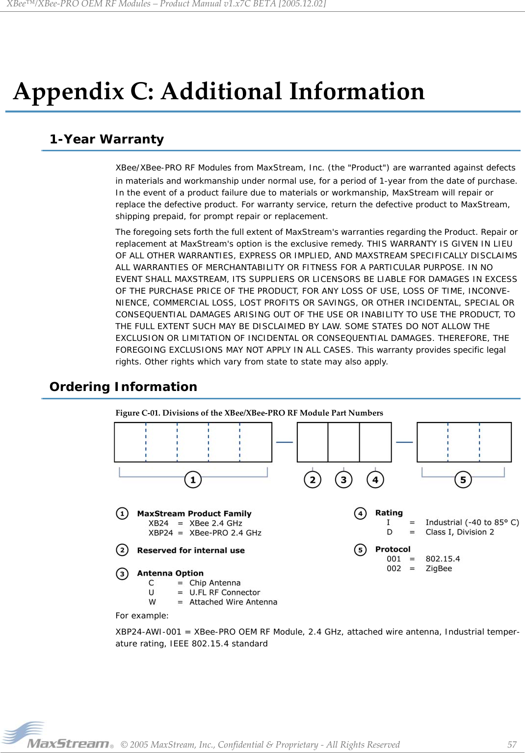 XBee™/XBee‐PROOEMRFModules–ProductManualv1.x7CBETA[2005.12.02]©2005MaxStream,Inc.,Confidential&amp;Proprietary‐AllRightsReserved 57AppendixC:AdditionalInformation1-Year WarrantyXBee/XBee-PRO RF Modules from MaxStream, Inc. (the &quot;Product&quot;) are warranted against defects in materials and workmanship under normal use, for a period of 1-year from the date of purchase. In the event of a product failure due to materials or workmanship, MaxStream will repair or replace the defective product. For warranty service, return the defective product to MaxStream, shipping prepaid, for prompt repair or replacement.The foregoing sets forth the full extent of MaxStream&apos;s warranties regarding the Product. Repair or replacement at MaxStream&apos;s option is the exclusive remedy. THIS WARRANTY IS GIVEN IN LIEU OF ALL OTHER WARRANTIES, EXPRESS OR IMPLIED, AND MAXSTREAM SPECIFICALLY DISCLAIMS ALL WARRANTIES OF MERCHANTABILITY OR FITNESS FOR A PARTICULAR PURPOSE. IN NO EVENT SHALL MAXSTREAM, ITS SUPPLIERS OR LICENSORS BE LIABLE FOR DAMAGES IN EXCESS OF THE PURCHASE PRICE OF THE PRODUCT, FOR ANY LOSS OF USE, LOSS OF TIME, INCONVE-NIENCE, COMMERCIAL LOSS, LOST PROFITS OR SAVINGS, OR OTHER INCIDENTAL, SPECIAL OR CONSEQUENTIAL DAMAGES ARISING OUT OF THE USE OR INABILITY TO USE THE PRODUCT, TO THE FULL EXTENT SUCH MAY BE DISCLAIMED BY LAW. SOME STATES DO NOT ALLOW THE EXCLUSION OR LIMITATION OF INCIDENTAL OR CONSEQUENTIAL DAMAGES. THEREFORE, THE FOREGOING EXCLUSIONS MAY NOT APPLY IN ALL CASES. This warranty provides specific legal rights. Other rights which vary from state to state may also apply.Ordering InformationFigureC‐01.DivisionsoftheXBee/XBee‐PRORFModulePartNumbersFor example: XBP24-AWI-001 = XBee-PRO OEM RF Module, 2.4 GHz, attached wire antenna, Industrial temper-ature rating, IEEE 802.15.4 standard