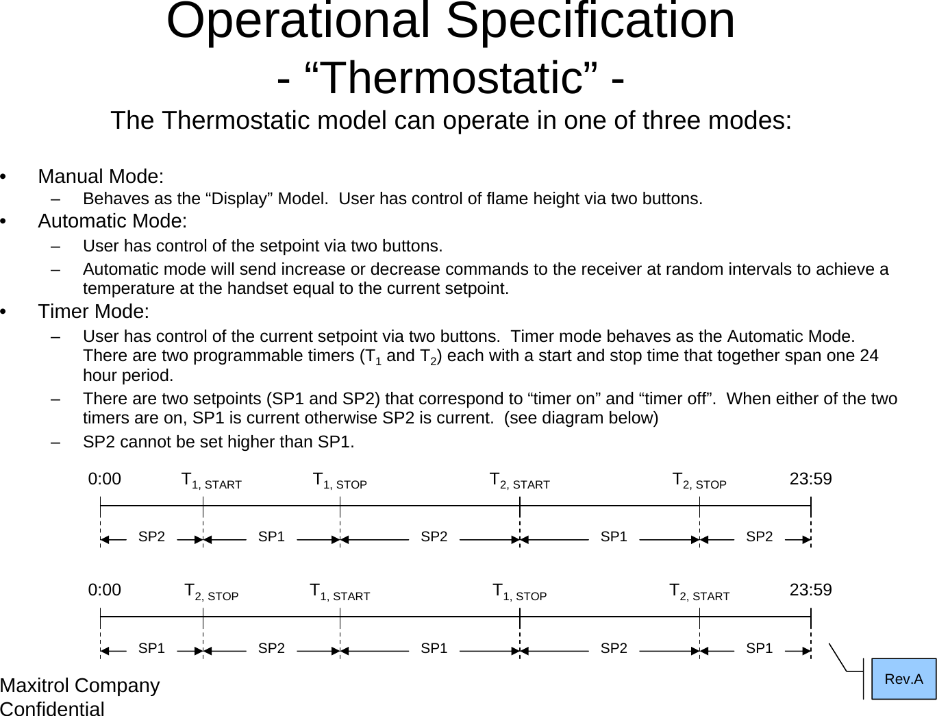 Maxitrol Company Confidential 11Operational Specification- “Thermostatic” -The Thermostatic model can operate in one of three modes:0:00 23:59T1, START T1, STOP T2, START T2, STOPSP2 SP1 SP2 SP2SP1• Manual Mode:– Behaves as the “Display” Model.  User has control of flame height via two buttons.• Automatic Mode:– User has control of the setpoint via two buttons.  – Automatic mode will send increase or decrease commands to the receiver at random intervals to achieve a temperature at the handset equal to the current setpoint.• Timer Mode:– User has control of the current setpoint via two buttons.  Timer mode behaves as the Automatic Mode.  There are two programmable timers (T1and T2) each with a start and stop time that together span one 24 hour period.– There are two setpoints (SP1 and SP2) that correspond to “timer on” and “timer off”.  When either of the two timers are on, SP1 is current otherwise SP2 is current.  (see diagram below)– SP2 cannot be set higher than SP1.0:00 23:59T2, STOP T1, START T1, STOP T2, STARTSP1 SP2 SP1 SP1SP2Rev.A