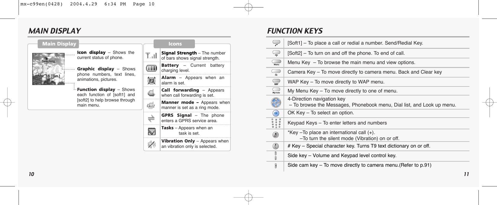 10 11MAIN DISPLAY FUNCTION KEYSMain DisplayIcon display – Shows thecurrent status of phone.Graphic display – Showsphone numbers, text lines,animations, pictures.Function display – Showseach function of [soft1] and[soft2] to help browse throughmain menu.[Soft1] – To place a call or redial a number. Send/Redial Key. [Soft2] – To turn on and off the phone. To end of call.Menu Key  – To browse the main menu and view options.Camera Key – To move directly to camera menu. Back and Clear keyWAPKey – To move directly to WAP menu. My Menu Key – To move directly to one of menu.4-Direction navigation key– To browse the Messages, Phonebook menu, Dial list, and Look up menu.OK Key – To select an option.Keypad Keys – To enter letters and numbers*Key –To place an international call (+). –To turn the silent mode (Vibration) on or off.# Key – Special character key. Turns T9 text dictionary on or off.Side key – Volume and Keypad level control key.Side cam key – To move directly to camera menu.(Refer to p.91)IconsSignal Strength – The number of bars shows signal strength.Battery – Current batterycharging level.Alarm  –Appears when analarm is set.Call forwarding – Appearswhen call forwarding is set.Manner mode – Appears whenmanner is set as a ring mode.GPRS Signal – The phoneenters a GPRS service area.Tasks –Appears when an task is set.Vibration Only – Appears whenan vibration only is selected.mx-c99en(0428)  2004.4.29  6:34 PM  Page 10