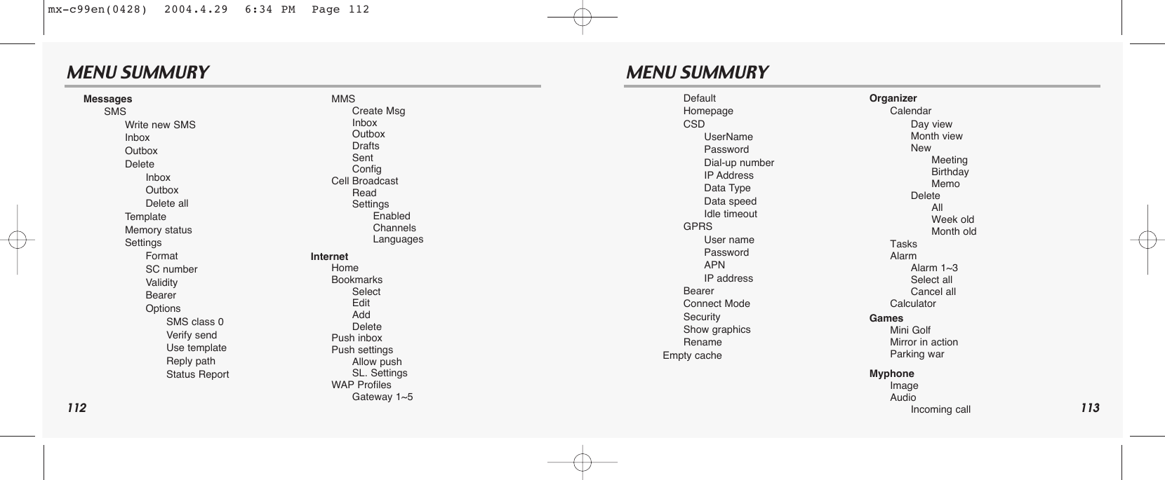 112 113MENU SUMMURY MENU SUMMURYMessagesSMSWrite new SMSInboxOutboxDelete      InboxOutboxDelete allTemplateMemory status SettingsFormatSC numberValidityBearerOptionsSMS class 0Verify sendUse templateReply pathStatus ReportMMSCreate MsgInboxOutboxDraftsSentConfigCell BroadcastReadSettingsEnabledChannelsLanguagesInternetHomeBookmarksSelectEditAddDeletePush inboxPush settingsAllow pushSL. SettingsWAP ProfilesGateway 1~5 DefaultHomepageCSDUserNamePasswordDial-up numberIP AddressData TypeData speedIdle timeoutGPRSUser namePasswordAPNIP addressBearerConnect ModeSecurityShow graphicsRenameEmpty cacheOrganizerCalendarDay viewMonth viewNewMeetingBirthdayMemoDeleteAllWeek oldMonth oldTasksAlarmAlarm 1~3Select allCancel allCalculatorGamesMini GolfMirror in actionParking warMyphoneImageAudio        Incoming callmx-c99en(0428)  2004.4.29  6:34 PM  Page 112