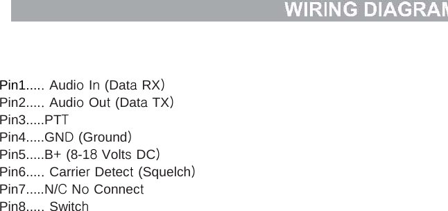  Pin1..... Audio In (Data RX) Pin2..... Audio Out (Data TX) Pin3.....PTT Pin4.....GND (Ground) Pin5.....B+ (8-18 Volts DC) Pin6..... Carrier Detect (Squelch) Pin7.....N/C No Connect Pin8..... Switch    