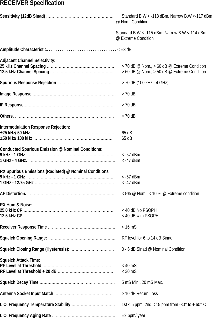 RECEIVER Specification  Sensitivity (12dB Sinad) ……………………………………………  Standard B.W &lt; -118 dBm, Narrow B.W &lt;-117 dBm @ Nom. Condition  Standard B.W &lt; -115 dBm, Narrow B.W &lt;-114 dBm @ Extreme Condition  Amplitude Characteristic. . . . . . . . . . . . . . . . . . . . . . . . . . . . . . . . &lt; ±3 dB  Adjacent Channel Selectivity: 25 kHz Channel Spacing ……………………………………………  &gt; 70 dB @ Nom., &gt; 60 dB @ Extreme Condition 12.5 kHz Channel Spacing …………………………………………  &gt; 60 dB @ Nom., &gt; 50 dB @ Extreme Condition  Spurious Response Rejection ……………………………………  &gt; 70 dB (100 kHz - 4 GHz)  Image Response ………………………………………………………  &gt; 70 dB  IF Response……………………………………………………………  &gt; 70 dB  Others. …………………………………………………………………  &gt; 70 dB  Intermodulation Response Rejection: ±25 kHz/ 50 kHz ……………………………………………………… 65 dB ±50 kHz/ 100 kHz …………………………………………………… 65 dB  Conducted Spurious Emission @ Nominal Conditions: 9 kHz - 1 GHz …………………………………………………………  &lt; -57 dBm 1 GHz - 4 GHz. …………………………………………………………  &lt; -47 dBm  RX Spurious Emissions (Radiated) @ Nominal Conditions 9 kHz - 1 GHz …………………………………………………………  &lt; -57 dBm 1 GHz - 12.75 GHz ……………………………………………………  &lt; -47 dBm  AF Distortion. …………………………………………………………  &lt; 5% @ Nom., &lt; 10 % @ Extreme condition  RX Hum &amp; Noise: 25.0 kHz CP ……………………………………………………………  &lt; 40 dB No PSOPH 12.5 kHz CP ……………………………………………………………  &lt; 40 dB with PSOPH  Receiver Response Time ……………………………………………  &lt; 16 mS  Squelch Opening Range: ……………………………………………  RF level for 6 to 14 dB Sinad  Squelch Closing Range (Hysteresis): ……………………………  0 - 6 dB Sinad @ Nominal Condition  Squelch Attack Time: RF Level at Threshold ………………………………………………  &lt; 40 mS RF Level at Threshold + 20 dB ……………………………………  &lt; 30 mS  Squelch Decay Time …………………………………………………  5 mS Min., 20 mS Max.  Antenna Socket Input Match ………………………………………  &gt; 10 dB Return Loss  L.O. Frequency Temperature Stability ……………………………  1st &lt; 5 ppm, 2nd &lt; 15 ppm from -30° to + 60° C  L.O. Frequency Aging Rate …………………………………………  ±2 ppm/ year 