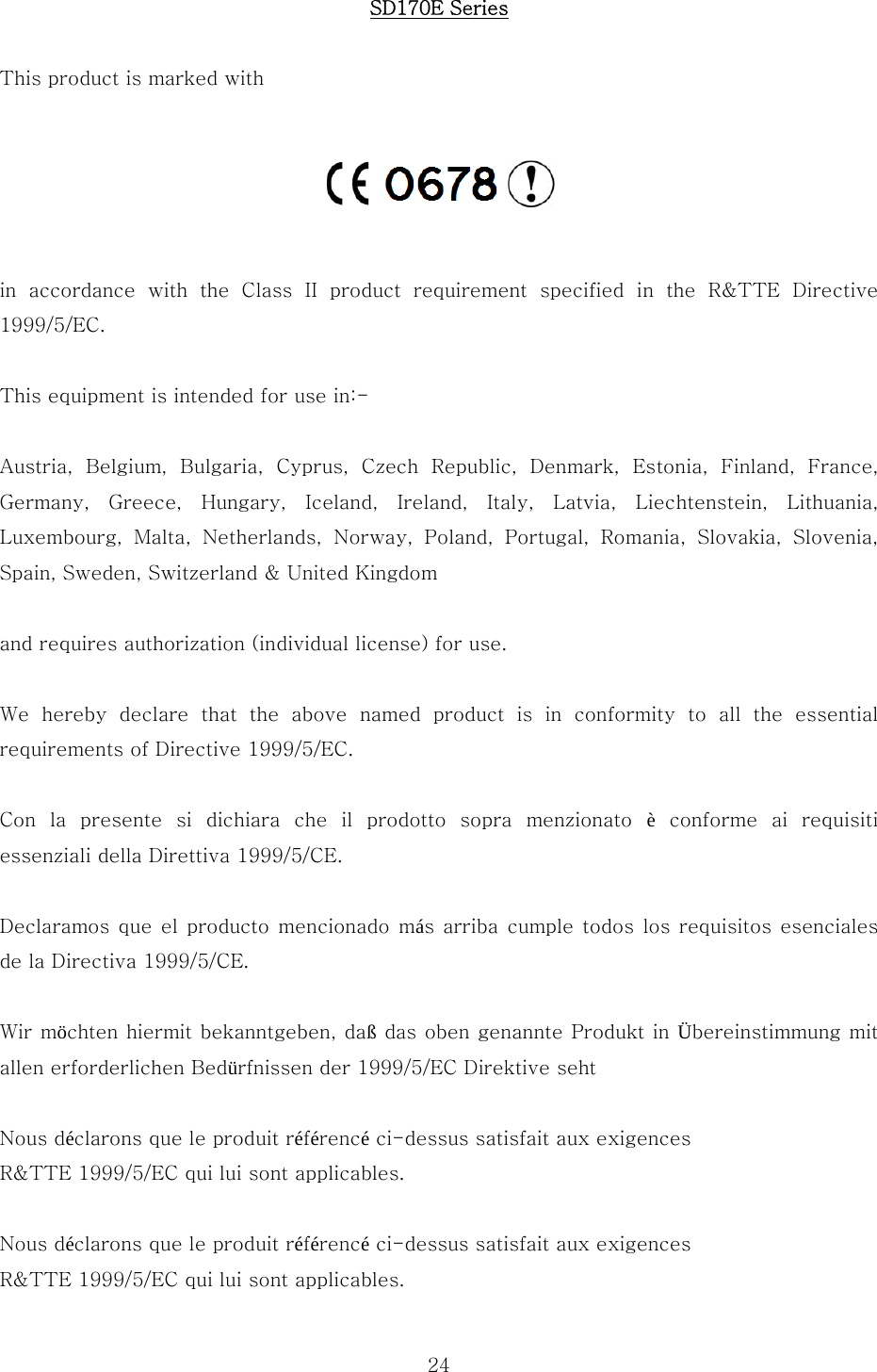  24SD170E Series  This product is marked with    in  accordance  with  the  Class  II  product  requirement  specified  in  the  R&amp;TTE  Directive 1999/5/EC.  This equipment is intended for use in:-  Austria,  Belgium,  Bulgaria,  Cyprus,  Czech  Republic,  Denmark,  Estonia,  Finland,  France, Germany,  Greece,  Hungary,  Iceland,  Ireland,  Italy,  Latvia,  Liechtenstein,  Lithuania, Luxembourg,  Malta,  Netherlands,  Norway,  Poland,  Portugal,  Romania,  Slovakia,  Slovenia, Spain, Sweden, Switzerland &amp; United Kingdom  and requires authorization (individual license) for use.  We  hereby  declare  that  the  above  named  product  is  in  conformity  to  all  the  essential requirements of Directive 1999/5/EC.  Con  la  presente  si  dichiara  che  il  prodotto  sopra  menzionato  è  conforme  ai  requisiti essenziali della Direttiva 1999/5/CE.  Declaramos que el producto mencionado  más arriba cumple todos los requisitos esenciales de la Directiva 1999/5/CE.  Wir möchten hiermit bekanntgeben, daß das oben genannte Produkt in Übereinstimmung mit allen erforderlichen Bedürfnissen der 1999/5/EC Direktive seht  Nous déclarons que le produit référencé ci-dessus satisfait aux exigences  R&amp;TTE 1999/5/EC qui lui sont applicables.  Nous déclarons que le produit référencé ci-dessus satisfait aux exigences  R&amp;TTE 1999/5/EC qui lui sont applicables. 