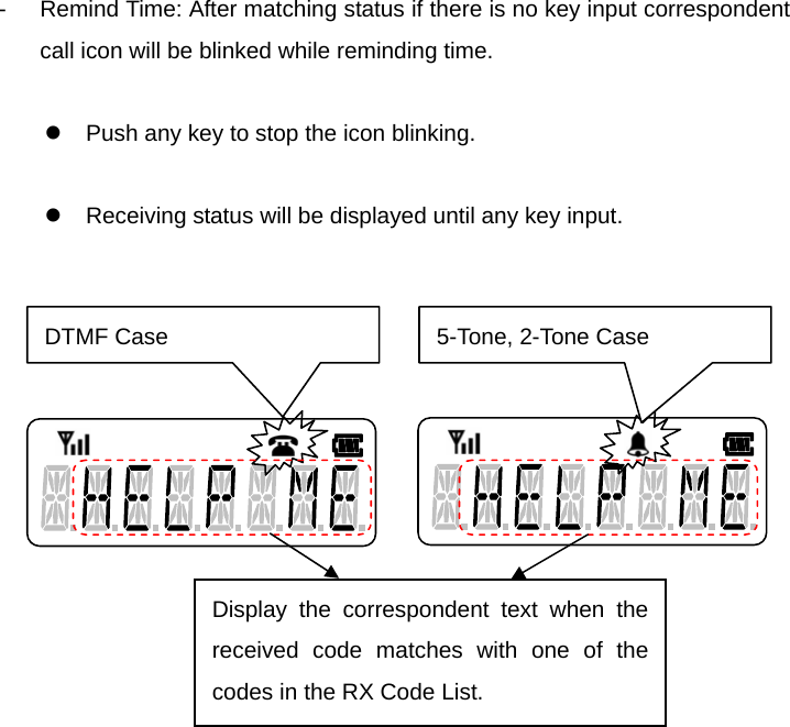 Function Description SL-7402 25/32   -  Remind Time: After matching status if there is no key input correspondent call icon will be blinked while reminding time.    z  Push any key to stop the icon blinking.  z  Receiving status will be displayed until any key input.                             DTMF Case  5-Tone, 2-Tone Case Display the correspondent text when the received code matches with one of the codes in the RX Code List. 