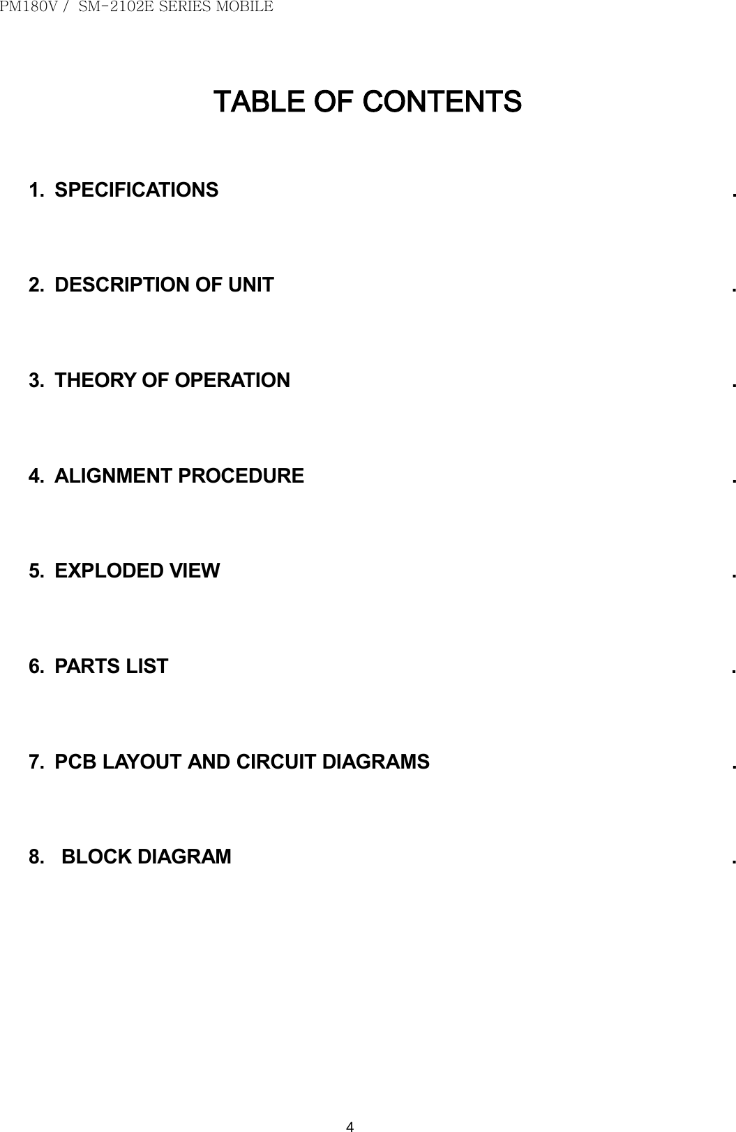 PM180V /  SM-2102E SERIES MOBILE   4  TABLE OF CONTENTS  1. SPECIFICATIONS                                                                                               .    2. DESCRIPTION OF UNIT                                                                                     .    3. THEORY OF OPERATION                                                                                  .    4.  ALIGNMENT PROCEDURE                                                                               .    5. EXPLODED VIEW                                                                                            .    6. PARTS LIST                                                                                                       .    7. PCB LAYOUT AND CIRCUIT DIAGRAMS                                                     .    8. BLOCK DIAGRAM                                                                                           .               