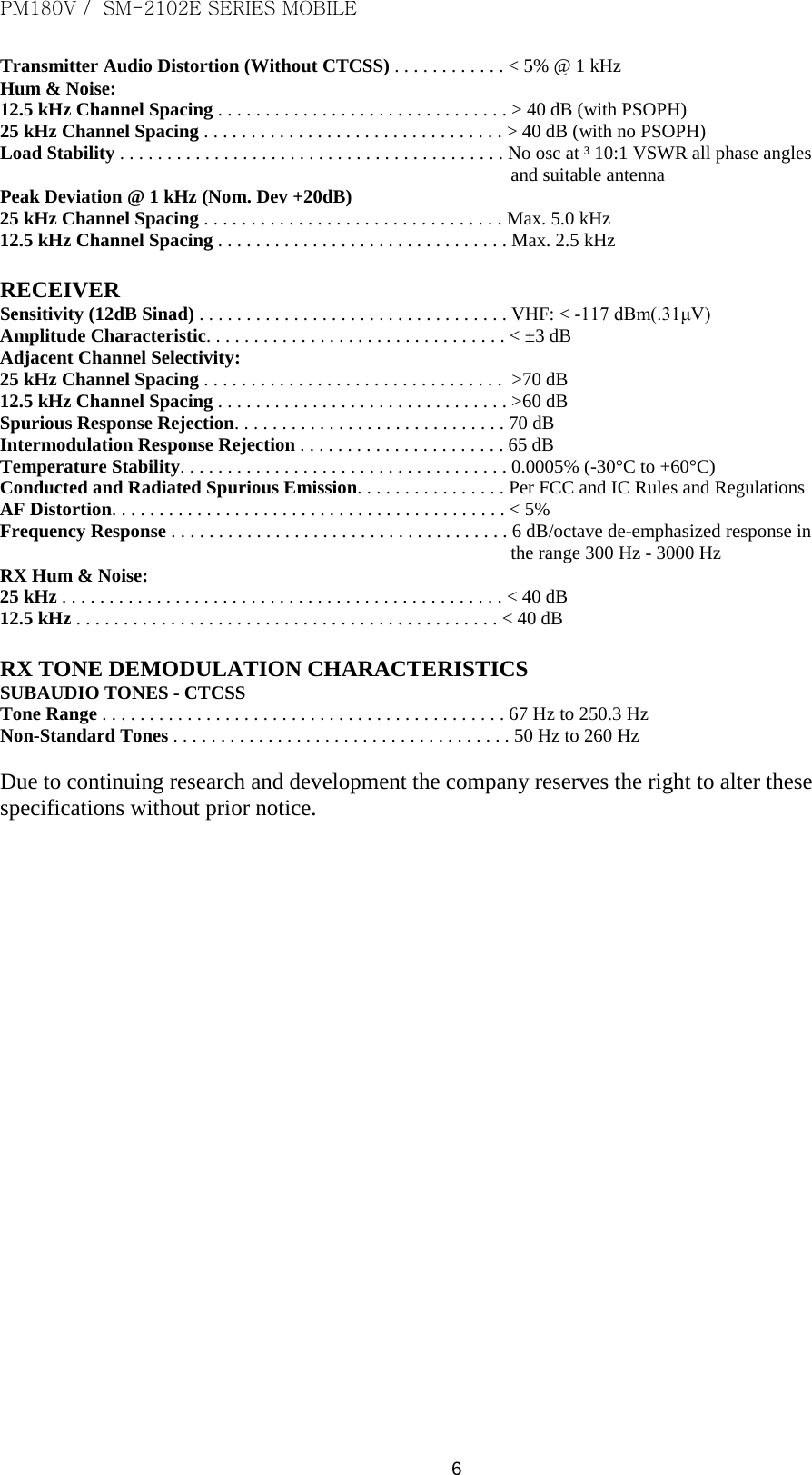PM180V /  SM-2102E SERIES MOBILE   6 Transmitter Audio Distortion (Without CTCSS) . . . . . . . . . . . . &lt; 5% @ 1 kHz Hum &amp; Noise: 12.5 kHz Channel Spacing . . . . . . . . . . . . . . . . . . . . . . . . . . . . . . . &gt; 40 dB (with PSOPH) 25 kHz Channel Spacing . . . . . . . . . . . . . . . . . . . . . . . . . . . . . . . . &gt; 40 dB (with no PSOPH) Load Stability . . . . . . . . . . . . . . . . . . . . . . . . . . . . . . . . . . . . . . . . . No osc at ³ 10:1 VSWR all phase angles and suitable antenna Peak Deviation @ 1 kHz (Nom. Dev +20dB) 25 kHz Channel Spacing . . . . . . . . . . . . . . . . . . . . . . . . . . . . . . . . Max. 5.0 kHz 12.5 kHz Channel Spacing . . . . . . . . . . . . . . . . . . . . . . . . . . . . . . . Max. 2.5 kHz  RECEIVER Sensitivity (12dB Sinad) . . . . . . . . . . . . . . . . . . . . . . . . . . . . . . . . . VHF: &lt; -117 dBm(.31μV) Amplitude Characteristic. . . . . . . . . . . . . . . . . . . . . . . . . . . . . . . . &lt; ±3 dB Adjacent Channel Selectivity: 25 kHz Channel Spacing . . . . . . . . . . . . . . . . . . . . . . . . . . . . . . . .  &gt;70 dB 12.5 kHz Channel Spacing . . . . . . . . . . . . . . . . . . . . . . . . . . . . . . . &gt;60 dB Spurious Response Rejection. . . . . . . . . . . . . . . . . . . . . . . . . . . . . 70 dB Intermodulation Response Rejection . . . . . . . . . . . . . . . . . . . . . . 65 dB Temperature Stability. . . . . . . . . . . . . . . . . . . . . . . . . . . . . . . . . . . 0.0005% (-30°C to +60°C) Conducted and Radiated Spurious Emission. . . . . . . . . . . . . . . . Per FCC and IC Rules and Regulations AF Distortion. . . . . . . . . . . . . . . . . . . . . . . . . . . . . . . . . . . . . . . . . . &lt; 5% Frequency Response . . . . . . . . . . . . . . . . . . . . . . . . . . . . . . . . . . . . 6 dB/octave de-emphasized response in the range 300 Hz - 3000 Hz RX Hum &amp; Noise: 25 kHz . . . . . . . . . . . . . . . . . . . . . . . . . . . . . . . . . . . . . . . . . . . . . . . &lt; 40 dB 12.5 kHz . . . . . . . . . . . . . . . . . . . . . . . . . . . . . . . . . . . . . . . . . . . . . &lt; 40 dB  RX TONE DEMODULATION CHARACTERISTICS SUBAUDIO TONES - CTCSS Tone Range . . . . . . . . . . . . . . . . . . . . . . . . . . . . . . . . . . . . . . . . . . . 67 Hz to 250.3 Hz Non-Standard Tones . . . . . . . . . . . . . . . . . . . . . . . . . . . . . . . . . . . . 50 Hz to 260 Hz  Due to continuing research and development the company reserves the right to alter these specifications without prior notice.                           