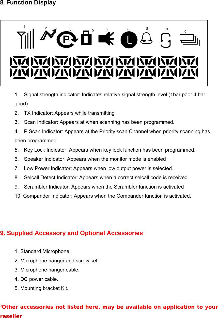  8. Function Display  PL2345678901 1.    Signal strength indicator: Indicates relative signal strength level (1bar poor 4 bar       good) 2.    TX Indicator: Appears while transmitting 3.    Scan Indicator: Appears at when scanning has been programmed. 4.    P Scan Indicator: Appears at the Priority scan Channel when priority scanning has     been programmed 5.    Key Lock Indicator: Appears when key lock function has been programmed. 6.    Speaker Indicator: Appears when the monitor mode is enabled 7.  Low Power Indicator: Appears when low output power is selected. 8.    Selcall Detect Indicator: Appears when a correct selcall code is received. 9.    Scrambler Indicator: Appears when the Scrambler function is activated 10. Compander Indicator: Appears when the Compander function is activated.    9. Supplied Accessory and Optional Accessories  1. Standard Microphone 2. Microphone hanger and screw set. 3. Microphone hanger cable. 4. DC power cable. 5. Mounting bracket Kit.  ‘Other accessories not listed here, may be available on application to your reseller      