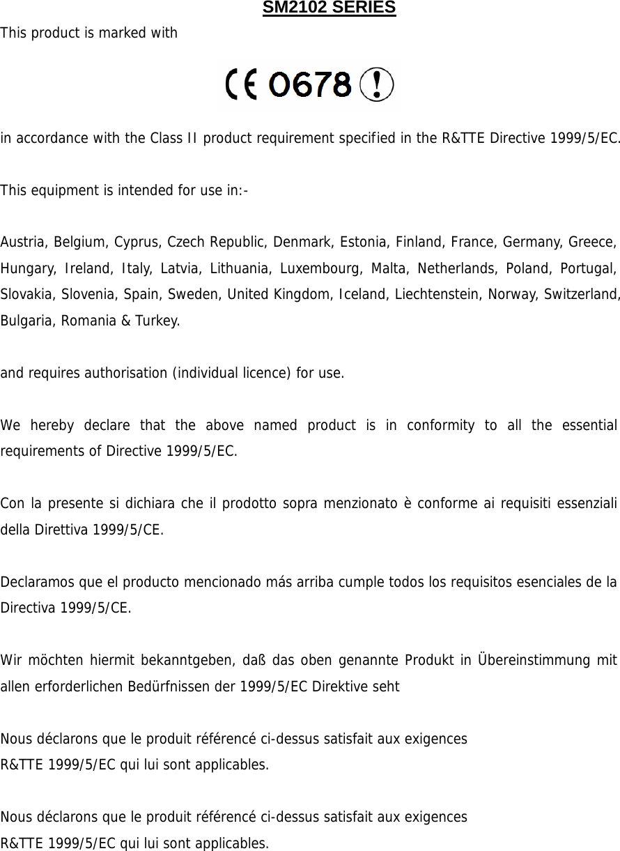  SM2102 SERIES This product is marked with  in accordance with the Class II product requirement specified in the R&amp;TTE Directive 1999/5/EC.  This equipment is intended for use in:-  Austria, Belgium, Cyprus, Czech Republic, Denmark, Estonia, Finland, France, Germany, Greece, Hungary, Ireland, Italy, Latvia, Lithuania, Luxembourg, Malta, Netherlands, Poland, Portugal, Slovakia, Slovenia, Spain, Sweden, United Kingdom, Iceland, Liechtenstein, Norway, Switzerland, Bulgaria, Romania &amp; Turkey.  and requires authorisation (individual licence) for use.  We hereby declare that the above named product is in conformity to all the essential requirements of Directive 1999/5/EC.  Con la presente si dichiara che il prodotto sopra menzionato è conforme ai requisiti essenziali della Direttiva 1999/5/CE.  Declaramos que el producto mencionado más arriba cumple todos los requisitos esenciales de la Directiva 1999/5/CE.  Wir möchten hiermit bekanntgeben, daß das oben genannte Produkt in Übereinstimmung mit allen erforderlichen Bedürfnissen der 1999/5/EC Direktive seht  Nous déclarons que le produit référencé ci-dessus satisfait aux exigences  R&amp;TTE 1999/5/EC qui lui sont applicables.  Nous déclarons que le produit référencé ci-dessus satisfait aux exigences  R&amp;TTE 1999/5/EC qui lui sont applicables.        