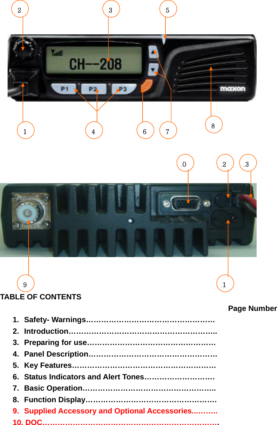                           TABLE OF CONTENTS          Page Number 1. Safety- Warnings…………………………………………… 2. Introduction………………………………………………….. 3. Preparing for use……………………………………………   4. Panel Description…………………………………………… 5. Key Features………………………………………………… 6.  Status Indicators and Alert Tones………………………. 7. Basic Operation…………………………………………….. 8. Function Display……………………………………………. 9.  Supplied Accessory and Optional Accessories...…….. 10. DOC…………………………………………………………….    1 2  312 6 78 1059 11 4 13 