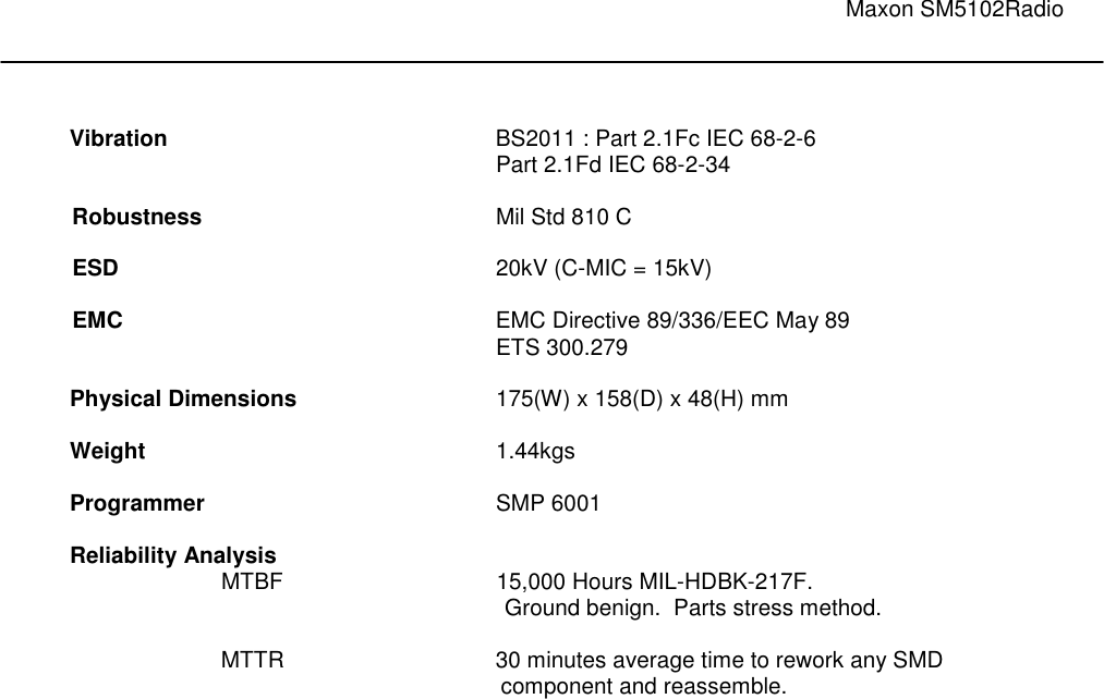                                                                                                                               Maxon SM5102Radio     Vibration         BS2011 : Part 2.1Fc IEC 68-2-6                      Part 2.1Fd IEC 68-2-34  Robustness        Mil Std 810 C  ESD          20kV (C-MIC = 15kV)  EMC          EMC Directive 89/336/EEC May 89         ETS 300.279  Physical Dimensions      175(W) x 158(D) x 48(H) mm    Weight          1.44kgs  Programmer        SMP 6001  Reliability Analysis                       MTBF                            15,000 Hours MIL-HDBK-217F.   Ground benign.  Parts stress method.    MTTR      30 minutes average time to rework any SMD  component and reassemble.           