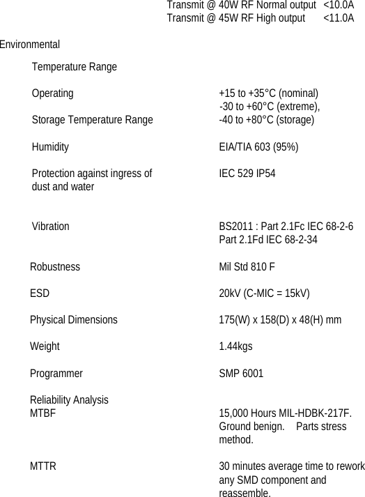          Transmit @ 40W RF Normal output  &lt;10.0A         Transmit @ 45W RF High output  &lt;11.0A  Environmental Temperature Range    Operating      +15 to +35°C (nominal)   -30 to +60°C (extreme),   Storage Temperature Range    -40 to +80°C (storage)    Humidity      EIA/TIA 603 (95%)  Protection against ingress of    IEC 529 IP54 dust and water   Vibration             BS2011 : Part 2.1Fc IEC 68-2-6       Part 2.1Fd IEC 68-2-34  Robustness             Mil Std 810 F  ESD               20kV (C-MIC = 15kV)  Physical Dimensions    175(W) x 158(D) x 48(H) mm   Weight    1.44kgs  Programmer     SMP 6001  Reliability Analysis                    MTBF               15,000 Hours MIL-HDBK-217F.   Ground benign.  Parts stress method.   MTTR              30 minutes average time to rework          any SMD component and reassemble.      