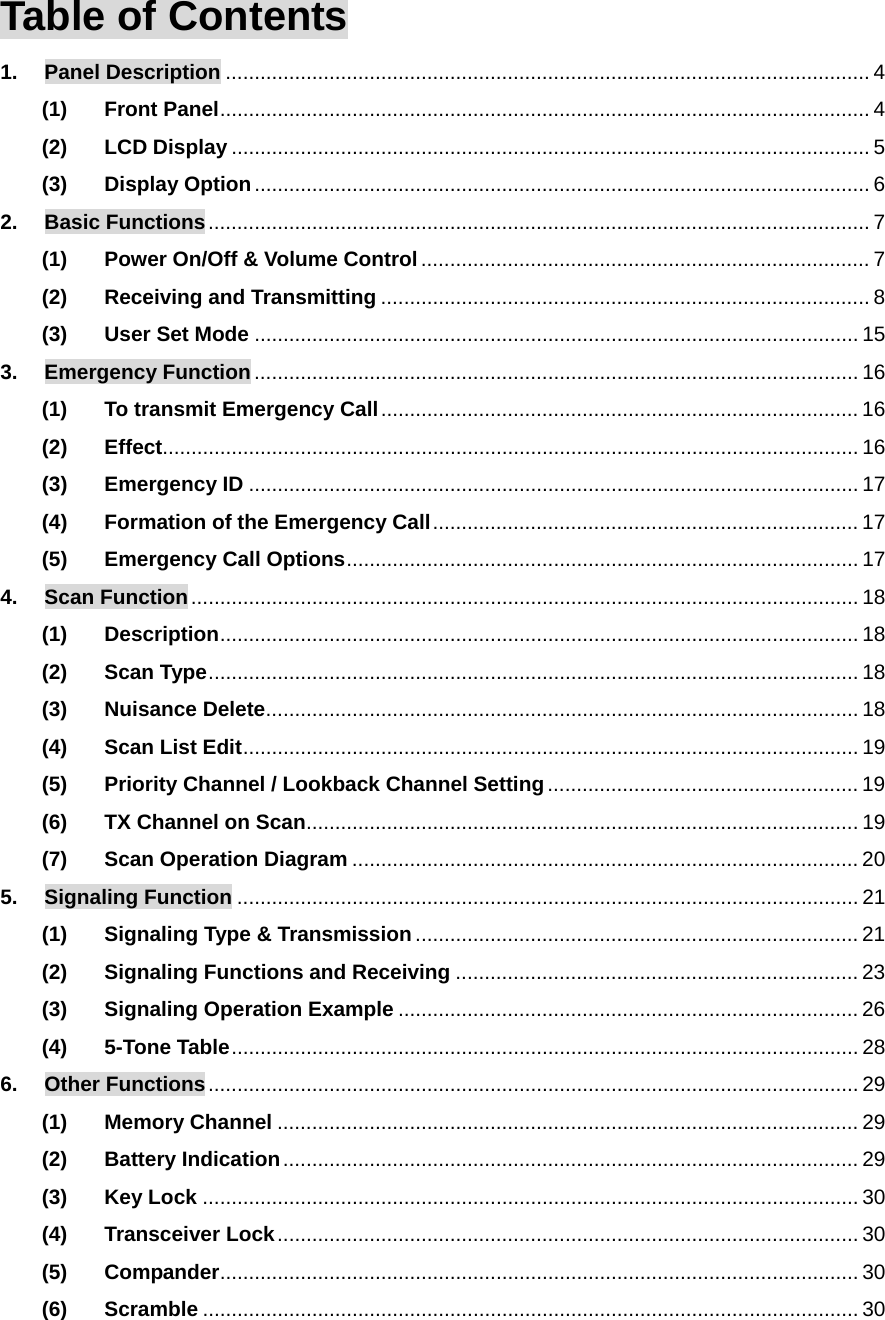 Function Description SP-7402 2/32 Table of Contents 1. Panel Description ................................................................................................................ 4 (1) Front Panel................................................................................................................. 4 (2) LCD Display ............................................................................................................... 5 (3) Display Option........................................................................................................... 6 2. Basic Functions................................................................................................................... 7 (1) Power On/Off &amp; Volume Control.............................................................................. 7 (2) Receiving and Transmitting ..................................................................................... 8 (3) User Set Mode ......................................................................................................... 15 3. Emergency Function......................................................................................................... 16 (1) To transmit Emergency Call................................................................................... 16 (2) Effect......................................................................................................................... 16 (3) Emergency ID .......................................................................................................... 17 (4) Formation of the Emergency Call.......................................................................... 17 (5) Emergency Call Options......................................................................................... 17 4. Scan Function.................................................................................................................... 18 (1) Description............................................................................................................... 18 (2) Scan Type................................................................................................................. 18 (3) Nuisance Delete....................................................................................................... 18 (4) Scan List Edit........................................................................................................... 19 (5) Priority Channel / Lookback Channel Setting...................................................... 19 (6) TX Channel on Scan................................................................................................ 19 (7) Scan Operation Diagram ........................................................................................ 20 5. Signaling Function ............................................................................................................ 21 (1) Signaling Type &amp; Transmission............................................................................. 21 (2) Signaling Functions and Receiving ...................................................................... 23 (3) Signaling Operation Example ................................................................................ 26 (4) 5-Tone Table............................................................................................................. 28 6. Other Functions................................................................................................................. 29 (1) Memory Channel ..................................................................................................... 29 (2) Battery Indication.................................................................................................... 29 (3) Key Lock .................................................................................................................. 30 (4) Transceiver Lock..................................................................................................... 30 (5) Compander............................................................................................................... 30 (6) Scramble .................................................................................................................. 30 