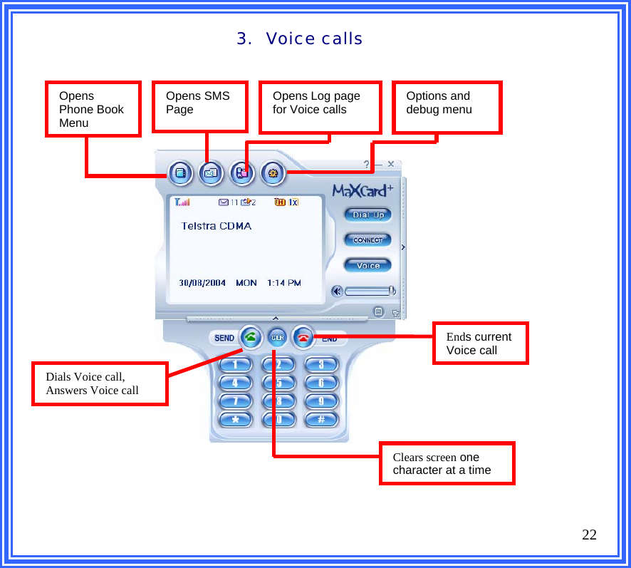 3. Voice calls                         22 Opens Phone Book Menu Opens Log page for Voice calls  Options and debug menu Dials Voice call, Answers Voice call Ends current Voice callClears screen one character at a timeOpens SMS Page 