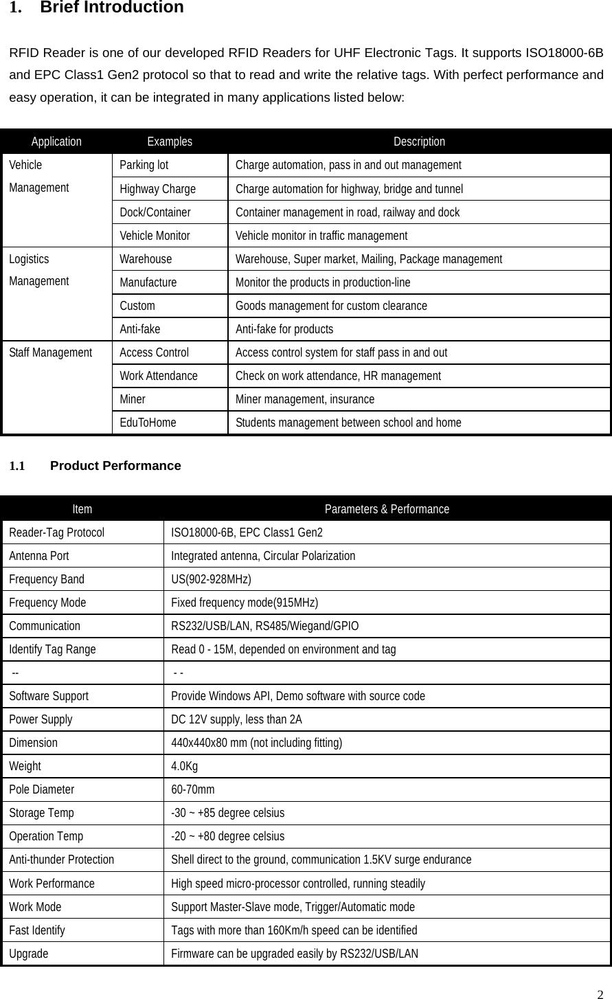  21. Brief Introduction RFID Reader is one of our developed RFID Readers for UHF Electronic Tags. It supports ISO18000-6B and EPC Class1 Gen2 protocol so that to read and write the relative tags. With perfect performance and easy operation, it can be integrated in many applications listed below: Application  Examples  Description Vehicle Management Parking lot  Charge automation, pass in and out management Highway Charge  Charge automation for highway, bridge and tunnel Dock/Container  Container management in road, railway and dock Vehicle Monitor  Vehicle monitor in traffic management Logistics Management Warehouse  Warehouse, Super market, Mailing, Package management Manufacture  Monitor the products in production-line Custom  Goods management for custom clearance Anti-fake Anti-fake for products Staff Management  Access Control  Access control system for staff pass in and out Work Attendance  Check on work attendance, HR management Miner  Miner management, insurance EduToHome  Students management between school and home 1.1 Product Performance Item  Parameters &amp; Performance Reader-Tag Protocol  ISO18000-6B, EPC Class1 Gen2 Antenna Port  Integrated antenna, Circular Polarization Frequency Band  US(902-928MHz) Frequency Mode  Fixed frequency mode(915MHz) Communication RS232/USB/LAN, RS485/Wiegand/GPIO Identify Tag Range  Read 0 - 15M, depended on environment and tag  --                                                     - -Software Support  Provide Windows API, Demo software with source code Power Supply  DC 12V supply, less than 2A Dimension  440x440x80 mm (not including fitting) Weight 4.0Kg Pole Diameter  60-70mm Storage Temp  -30 ~ +85 degree celsius Operation Temp  -20 ~ +80 degree celsius Anti-thunder Protection  Shell direct to the ground, communication 1.5KV surge endurance Work Performance  High speed micro-processor controlled, running steadily Work Mode  Support Master-Slave mode, Trigger/Automatic mode Fast Identify  Tags with more than 160Km/h speed can be identified Upgrade  Firmware can be upgraded easily by RS232/USB/LAN 