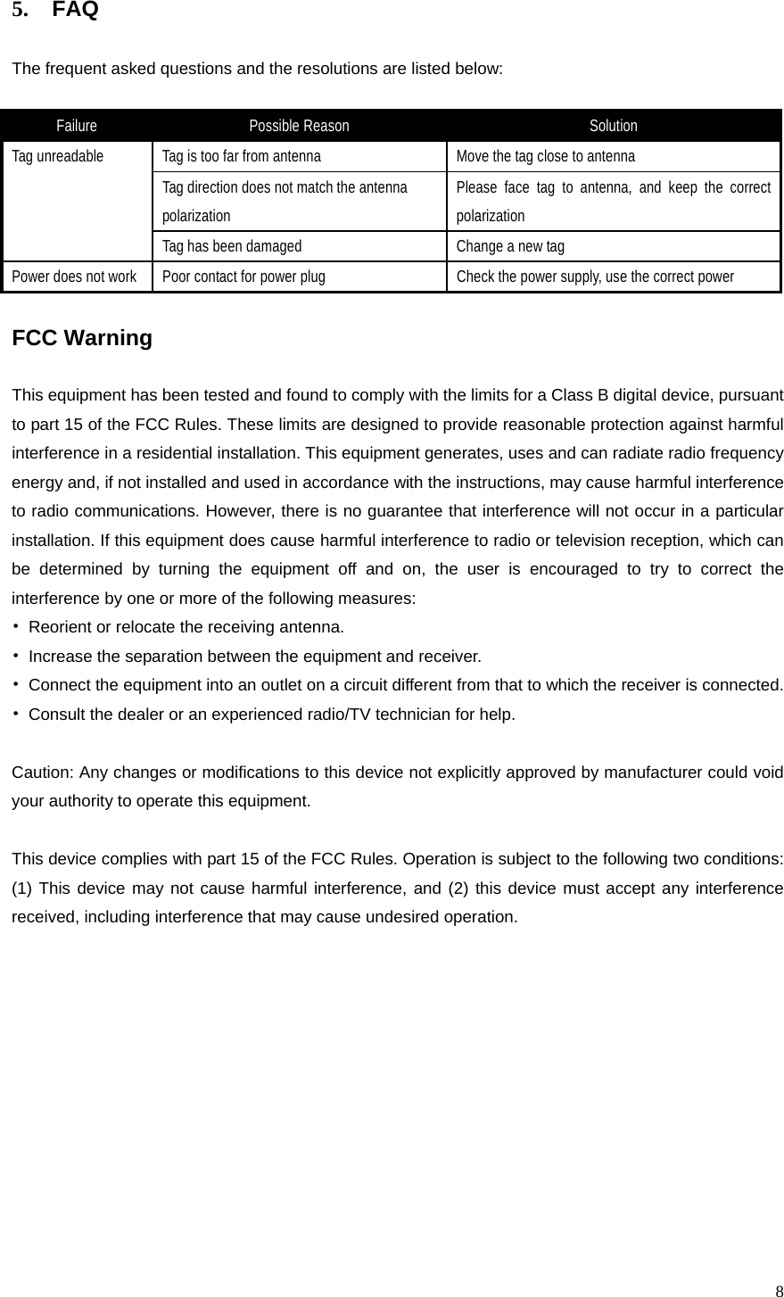 85. FAQ The frequent asked questions and the resolutions are listed below: Failure  Possible Reason  Solution Tag unreadable  Tag is too far from antenna  Move the tag close to antenna Tag direction does not match the antenna polarization Please face tag to antenna, and keep the correct polarization Tag has been damaged  Change a new tag Power does not work  Poor contact for power plug  Check the power supply, use the correct power  FCC Warning  This equipment has been tested and found to comply with the limits for a Class B digital device, pursuant to part 15 of the FCC Rules. These limits are designed to provide reasonable protection against harmful interference in a residential installation. This equipment generates, uses and can radiate radio frequency energy and, if not installed and used in accordance with the instructions, may cause harmful interference to radio communications. However, there is no guarantee that interference will not occur in a particular installation. If this equipment does cause harmful interference to radio or television reception, which can be determined by turning the equipment off and on, the user is encouraged to try to correct the interference by one or more of the following measures: •  Reorient or relocate the receiving antenna. •  Increase the separation between the equipment and receiver. •  Connect the equipment into an outlet on a circuit different from that to which the receiver is connected. •  Consult the dealer or an experienced radio/TV technician for help.  Caution: Any changes or modiﬁcations to this device not explicitly approved by manufacturer could void your authority to operate this equipment.  This device complies with part 15 of the FCC Rules. Operation is subject to the following two conditions: (1) This device may not cause harmful interference, and (2) this device must accept any interference received, including interference that may cause undesired operation. 