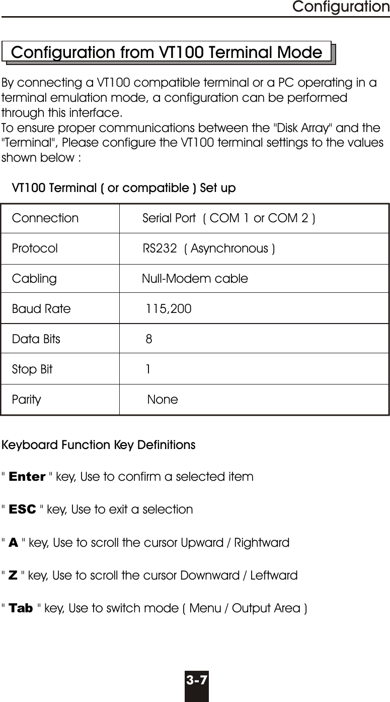 3-7Configuration  Configuration from VT100 Terminal ModeBy connecting a VT100 compatible terminal or a PC operating in a terminal emulation mode, a configuration can be performed through this interface.To ensure proper communications between the &quot;Disk Array&quot; and the &quot;Terminal&quot;, Please configure the VT100 terminal settings to the values shown below :    VT100 Terminal ( or compatible ) Set up   Connection                  Serial Port  ( COM 1 or COM 2 )   Protocol                        RS232  ( Asynchronous )   Cabling                        Null-Modem cable   Baud Rate                     115,200   Data Bits                        8   Stop Bit                          1   Parity                              NoneKeyboard Function Key Definitions&quot; Enter &quot; key, Use to confirm a selected item&quot; ESC &quot; key, Use to exit a selection&quot; A &quot; key, Use to scroll the cursor Upward / Rightward&quot; Z &quot; key, Use to scroll the cursor Downward / Leftward&quot; Tab &quot; key, Use to switch mode ( Menu / Output Area )