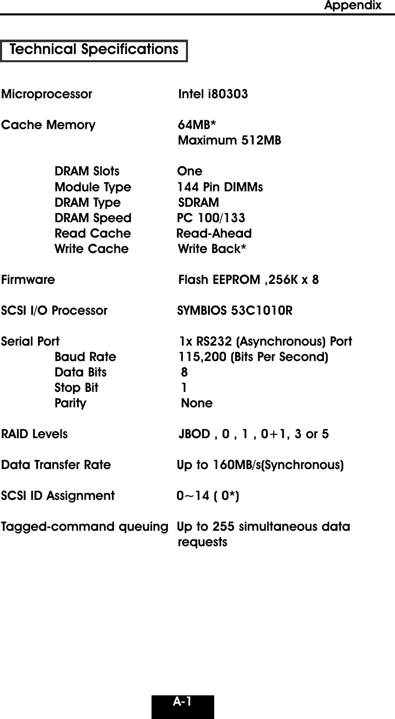 A-1AppendixTechnical SpecificationsMicroprocessor                     Intel i80303 Cache Memory                    64MB* Maximum 512MBDRAM Slots              OneModule Type           144 Pin DIMMsDRAM Type              SDRAM  DRAM Speed           PC 100/133        Read Cache           Read-AheadWrite Cache            Write Back*Firmware                              Flash EEPROM ,256K x 8 SCSI I/O Processor                 SYMBIOS 53C1010RSerial Port                             1x RS232 (Asynchronous) PortBaud Rate               115,200 (Bits Per Second) Data Bits                  8Stop Bit                    1Parity                       NoneRAID Levels                           JBOD , 0 , 1 , 0+1, 3 or 5Data Transfer Rate                Up to 160MB/s(Synchronous)SCSI ID Assignment               0~14 ( 0*)Tagged-command queuing  Up to 255 simultaneous datarequests