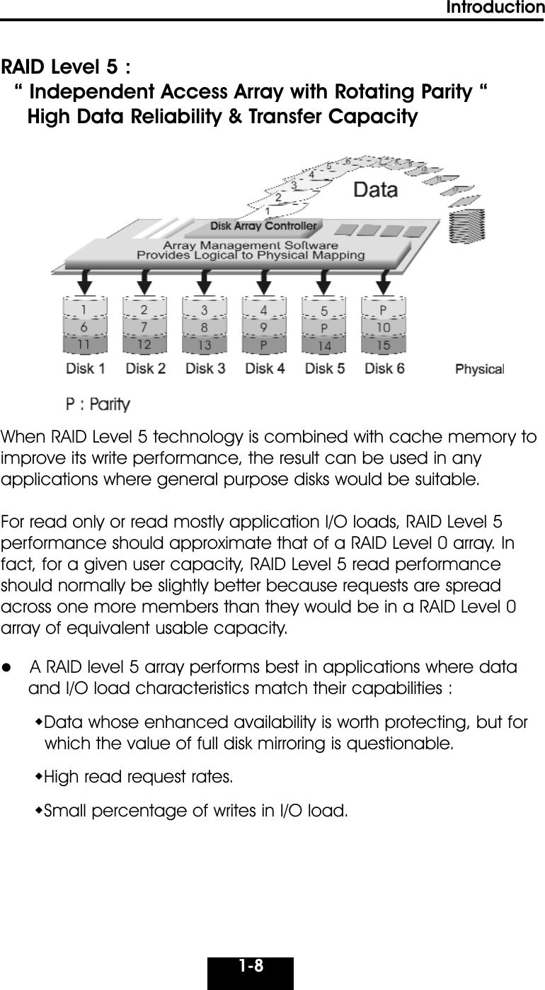 1-8IntroductionRAID Level 5 :“ Independent Access Array with Rotating Parity “High Data Reliability &amp; Transfer CapacityWhen RAID Level 5 technology is combined with cache memory toimprove its write performance, the result can be used in any applications where general purpose disks would be suitable.For read only or read mostly application I/O loads, RAID Level 5 performance should approximate that of a RAID Level 0 array. Infact, for a given user capacity, RAID Level 5 read performanceshould normally be slightly better because requests are spreadacross one more members than they would be in a RAID Level 0array of equivalent usable capacity.A RAID level 5 array performs best in applications where data and I/O load characteristics match their capabilities :Data whose enhanced availability is worth protecting, but for which the value of full disk mirroring is questionable.High read request rates.Small percentage of writes in I/O load. 