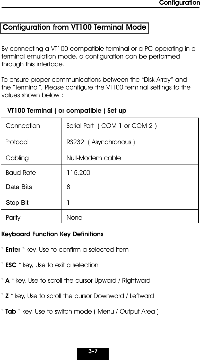 Configuration3-7Configuration from VT100 Terminal ModeBy connecting a VT100 compatible terminal or a PC operating in aterminal emulation mode, a configuration can be performedthrough this interface.To ensure proper communications between the “Disk Array” andthe “Terminal”, Please configure the VT100 terminal settings to thevalues shown below :VT100 Terminal ( or compatible ) Set upConnection Serial Port  ( COM 1 or COM 2 )Protocol RS232  ( Asynchronous )Cabling Null-Modem cableBaud Rate  115,200Data Bits   8Stop Bit  1Parity    NoneKeyboard Function Key Definitions“ Enter “ key, Use to confirm a selected item“ ESC “ key, Use to exit a selection“ A “ key, Use to scroll the cursor Upward / Rightward“ Z“ key, Use to scroll the cursor Downward / Leftward“ Tab “ key, Use to switch mode ( Menu / Output Area )